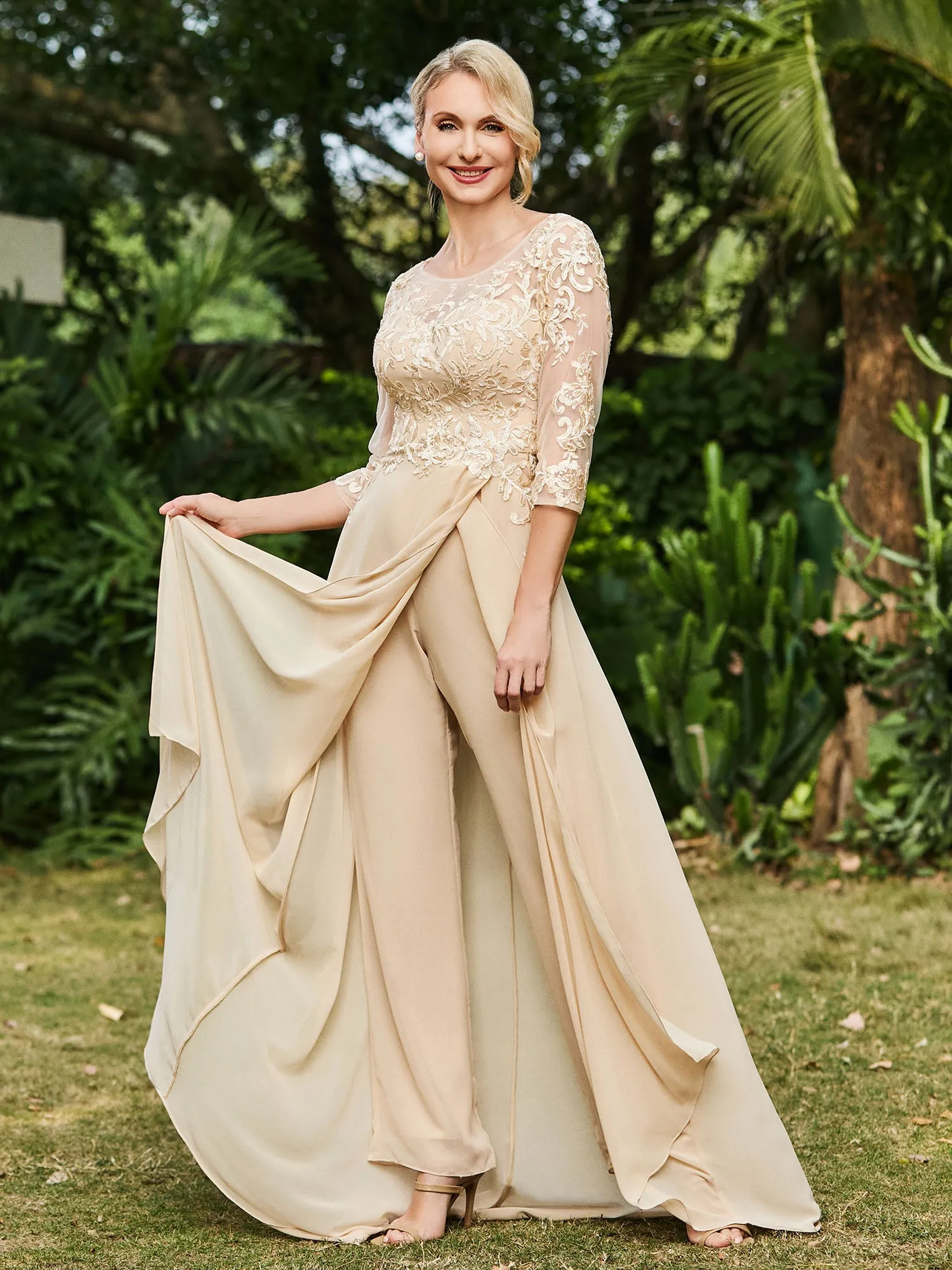 Illusion Neckline Lace Appliqued Jumpsuit Champagne
