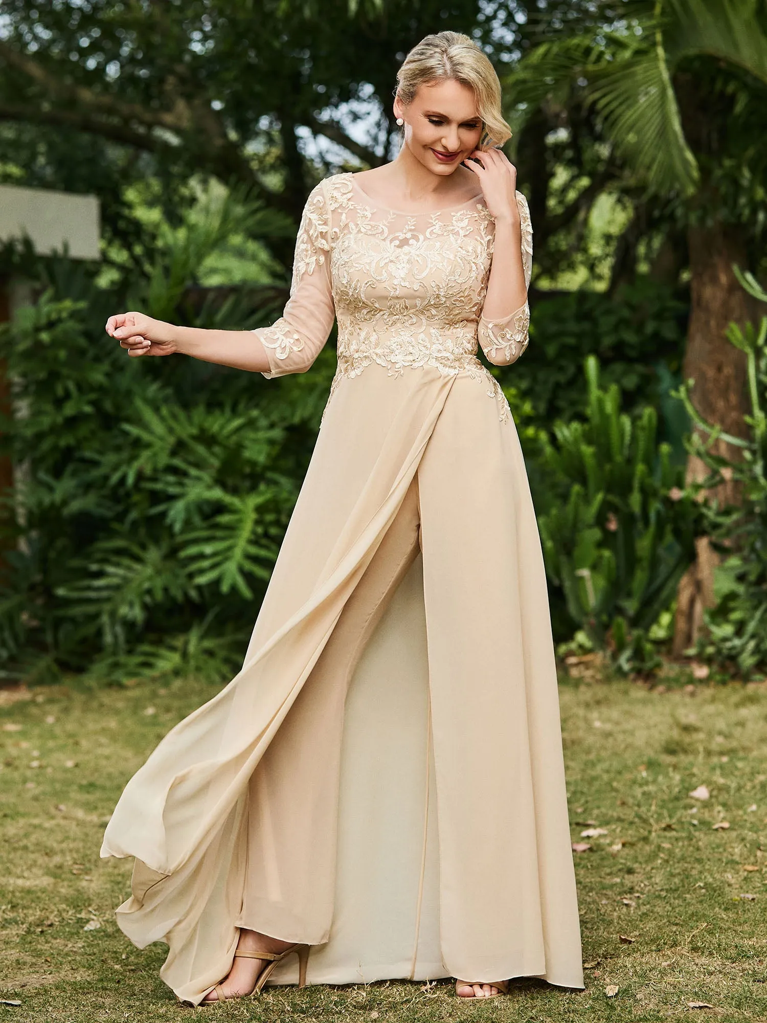 Illusion Neckline Lace Appliqued Jumpsuit Champagne