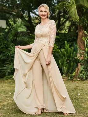 Illusion Neckline Lace Appliqued Jumpsuit Champagne