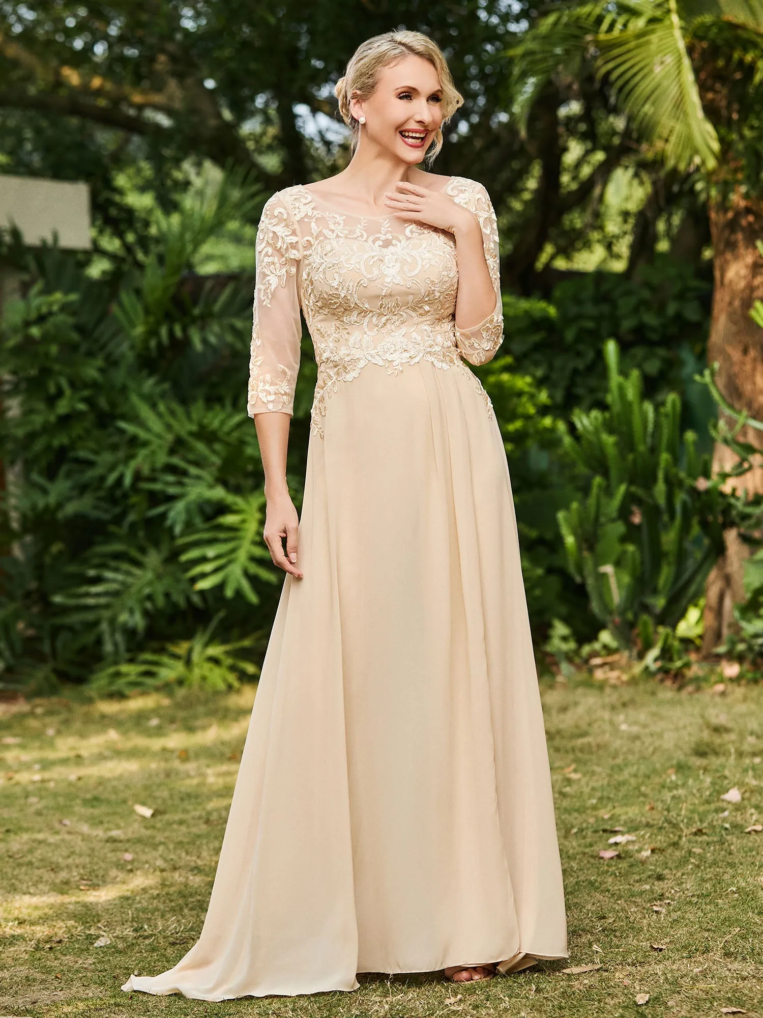 Illusion Neckline Lace Appliqued Jumpsuit Champagne