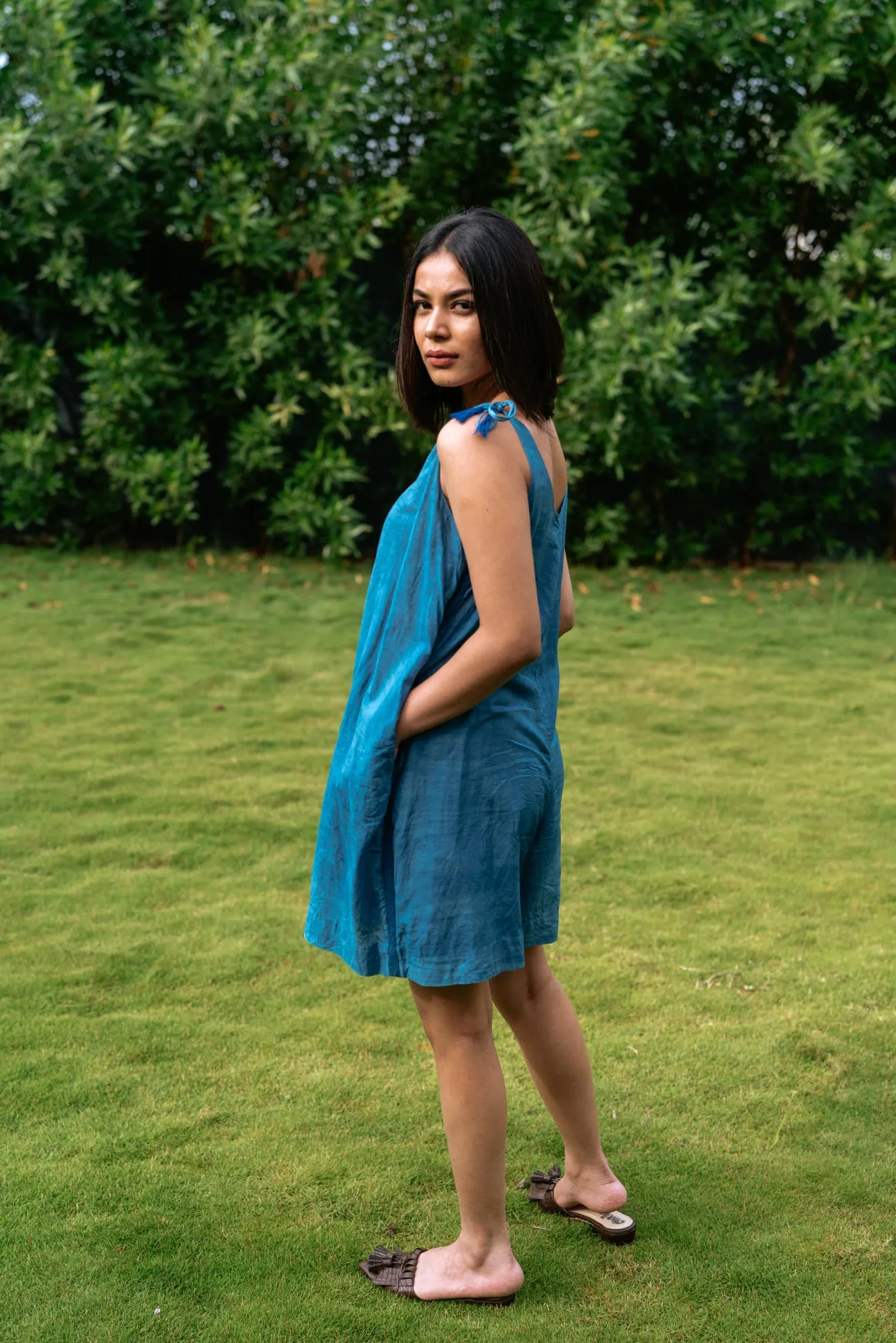 Indigo short jumpsuit with shoulder tie
