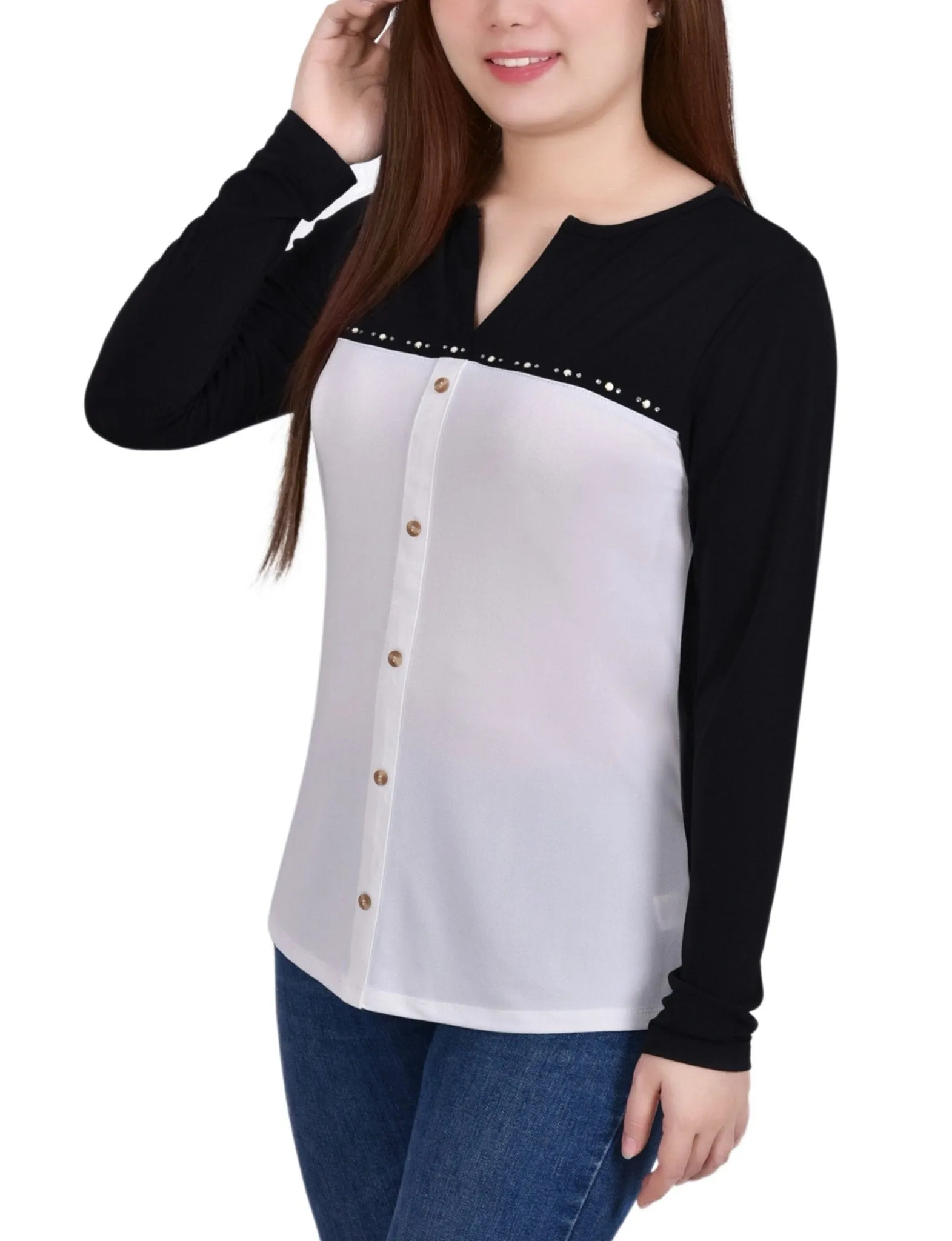 Ivory Long Sleeve Studded Colorblocked Split Neck Top - Petite