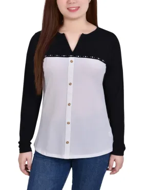 Ivory Long Sleeve Studded Colorblocked Split Neck Top - Petite