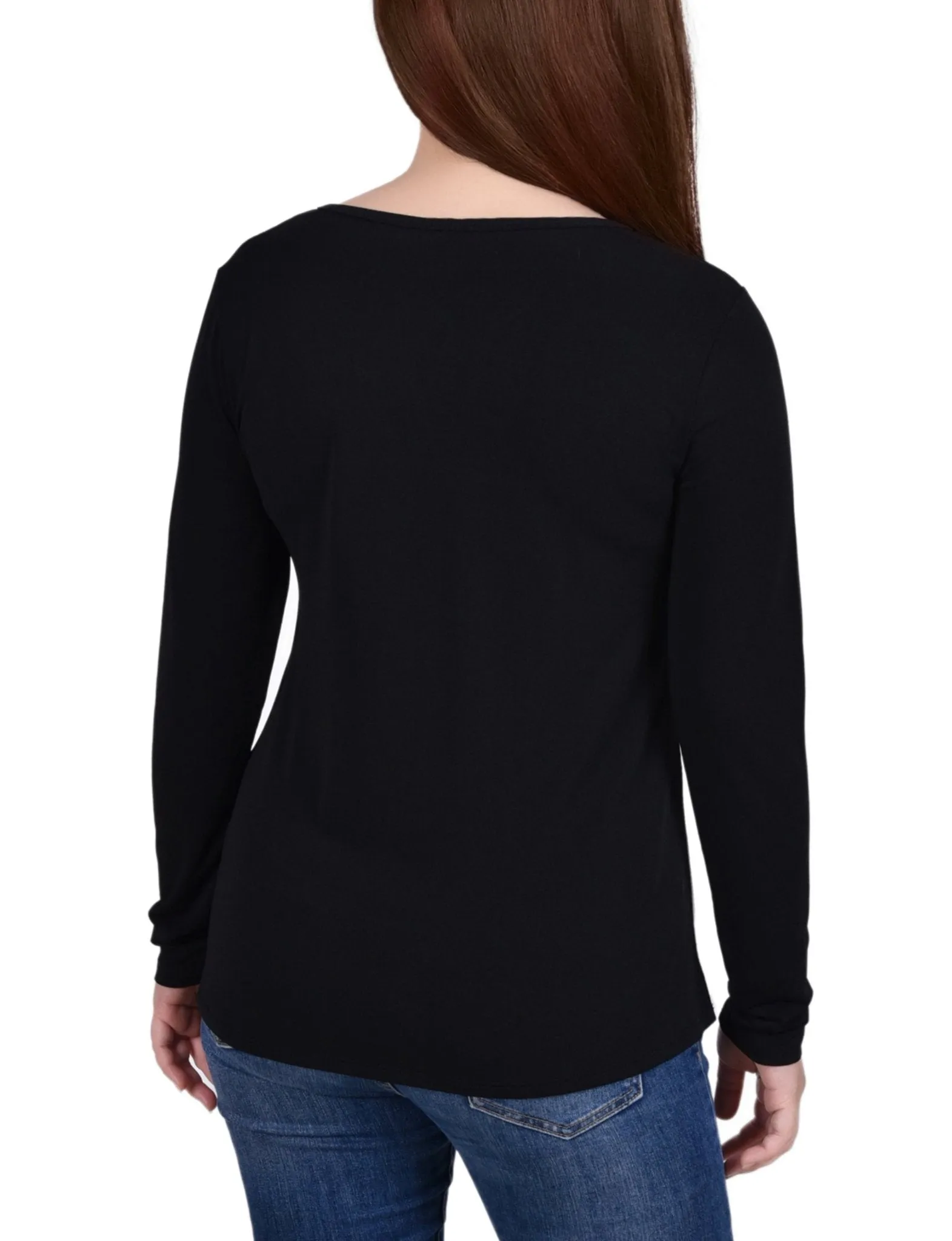 Ivory Long Sleeve Studded Colorblocked Split Neck Top - Petite