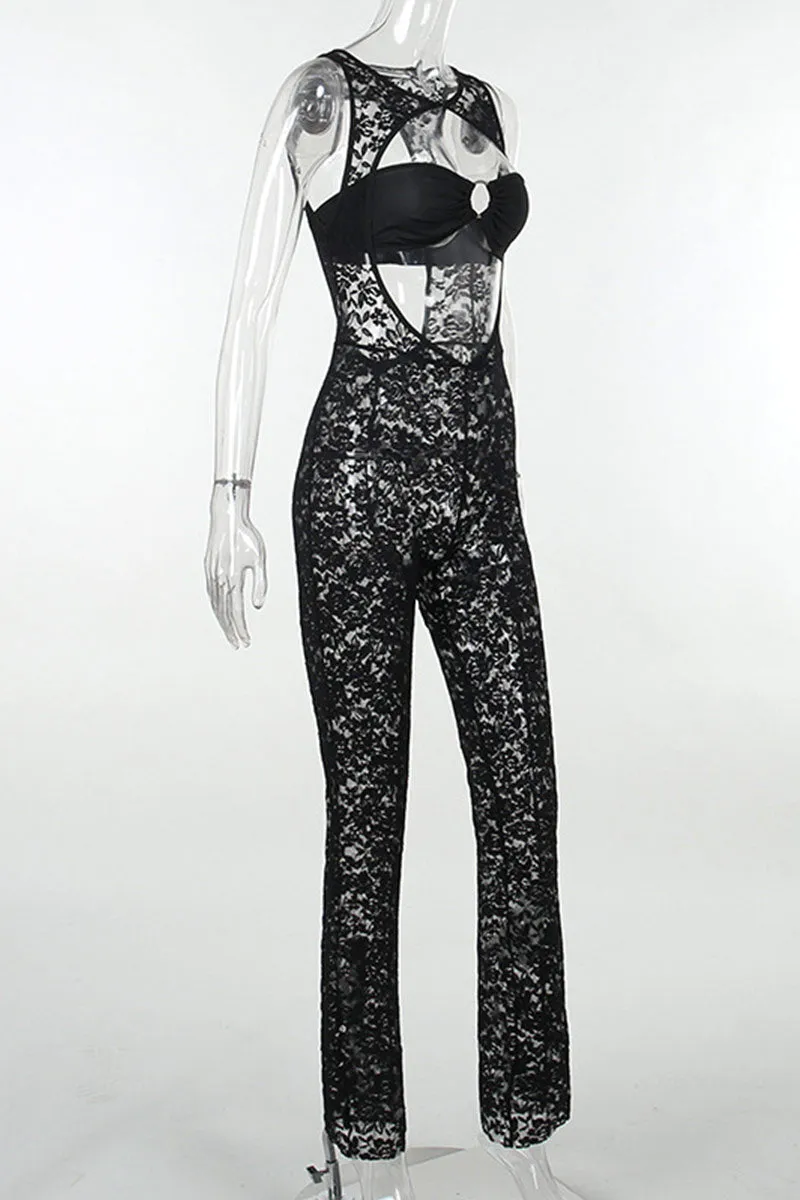 JH659 Pattern Lace Mesh Jumpsuit