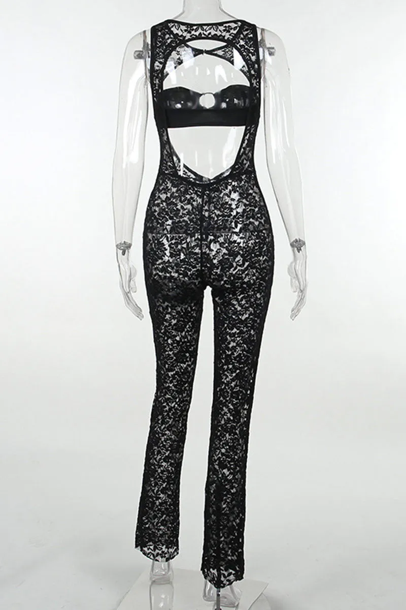 JH659 Pattern Lace Mesh Jumpsuit