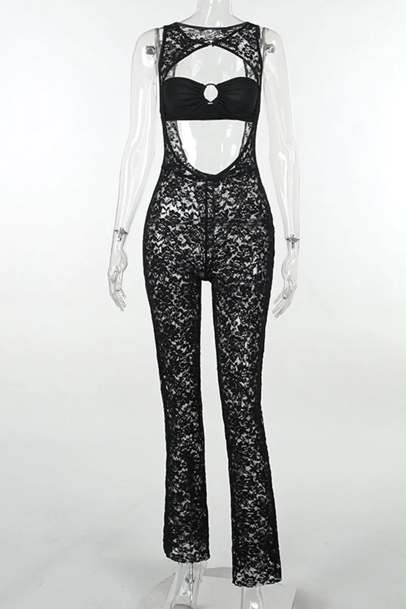 JH659 Pattern Lace Mesh Jumpsuit