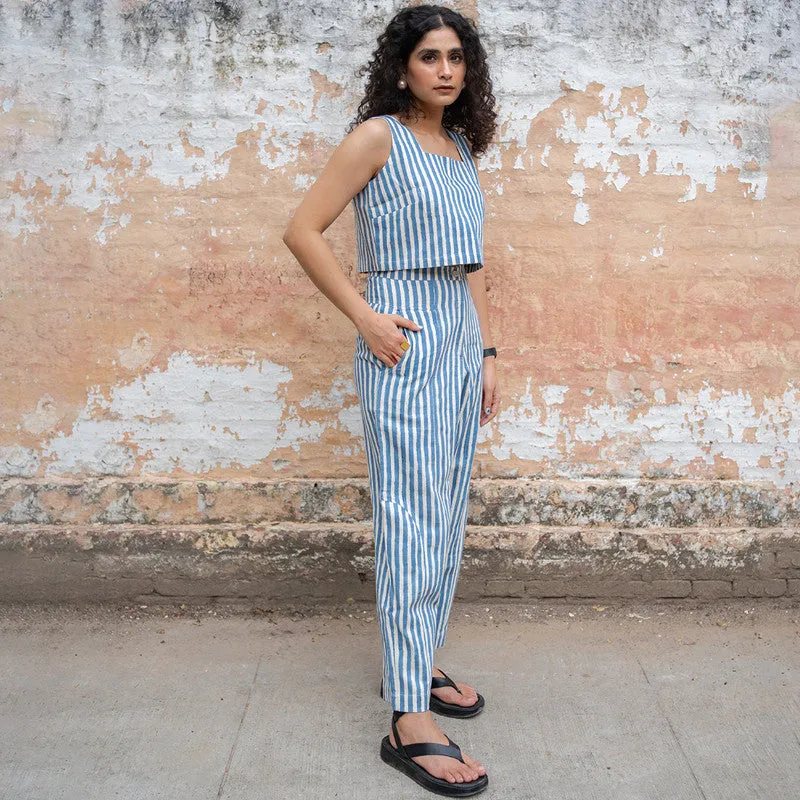 Kala Cotton High Waist Pants For Women | Block Printed | Blue