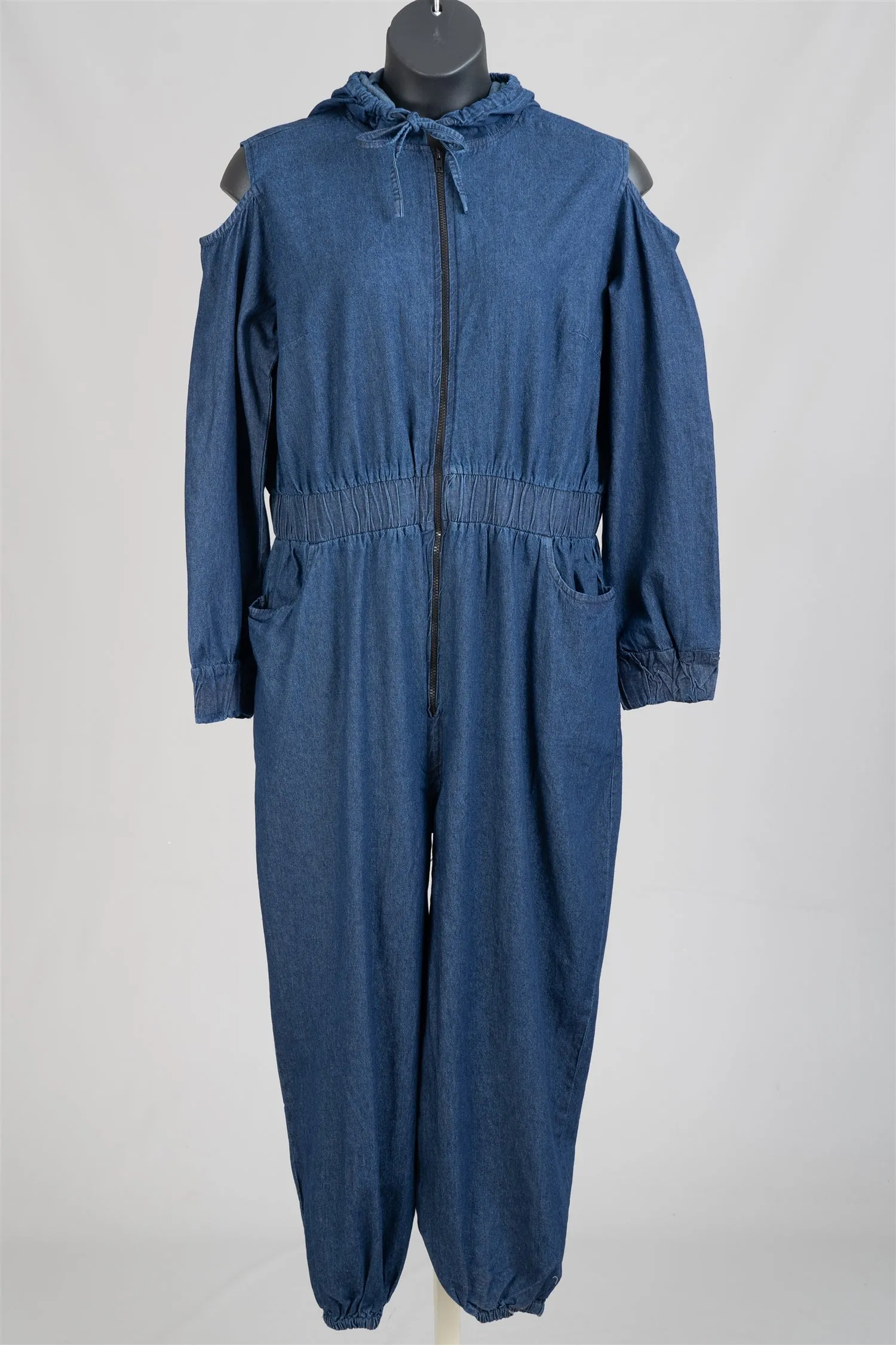 KaraChic 7791D Cold-shoulder Hooded Denim Jumpsuit