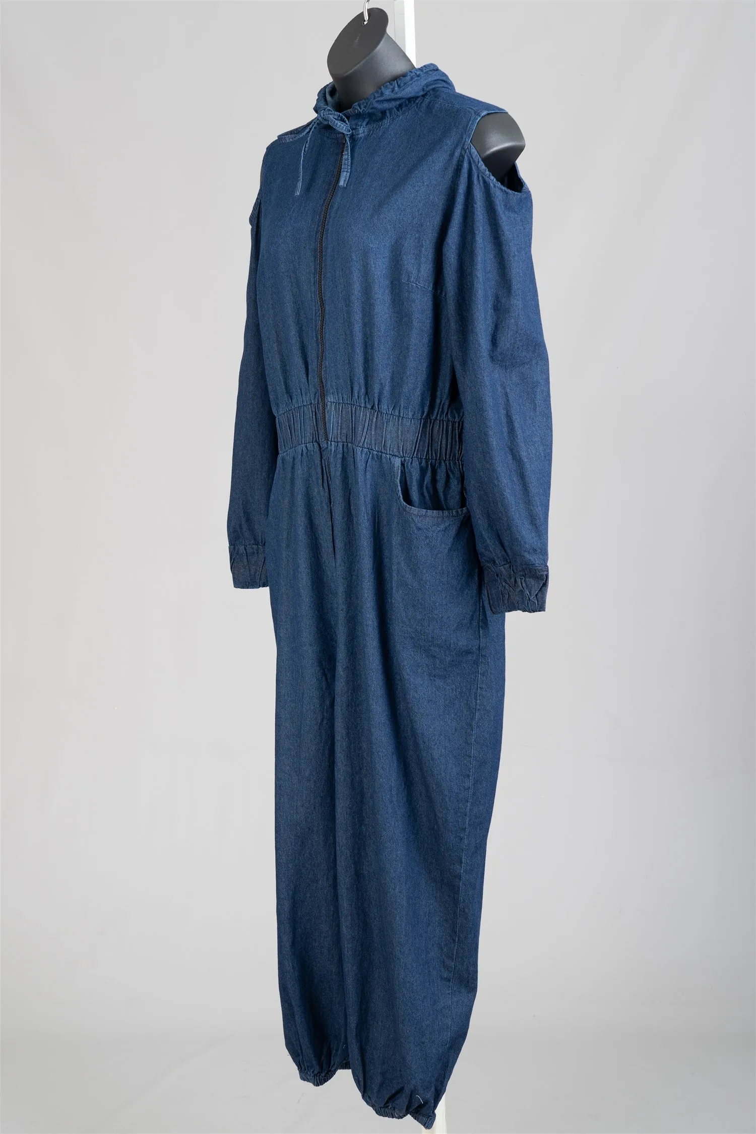 KaraChic 7791D Cold-shoulder Hooded Denim Jumpsuit