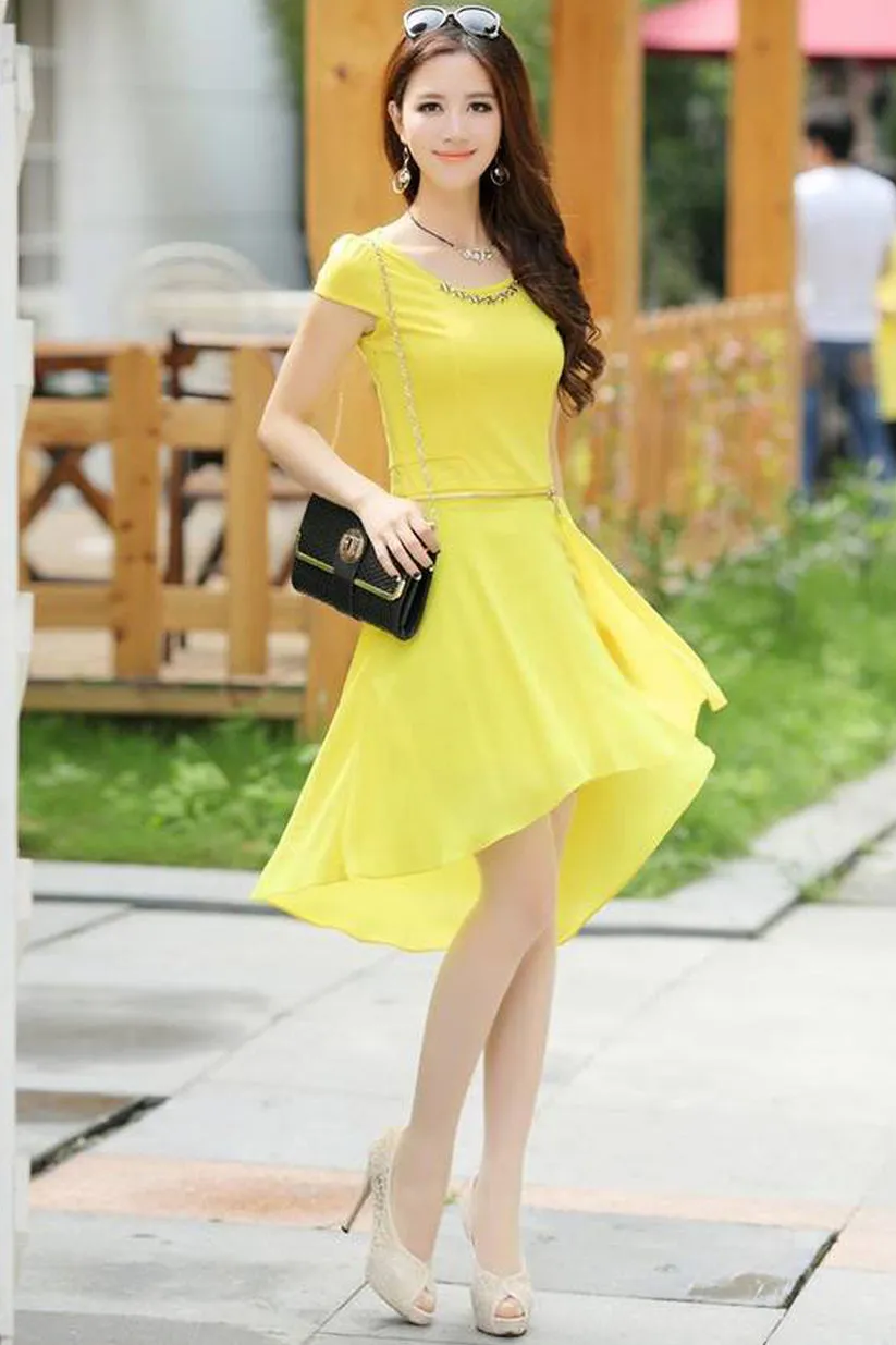 Ketty More Women Short Length Fit Waist Chiffon Dress Yellow - KMWD340