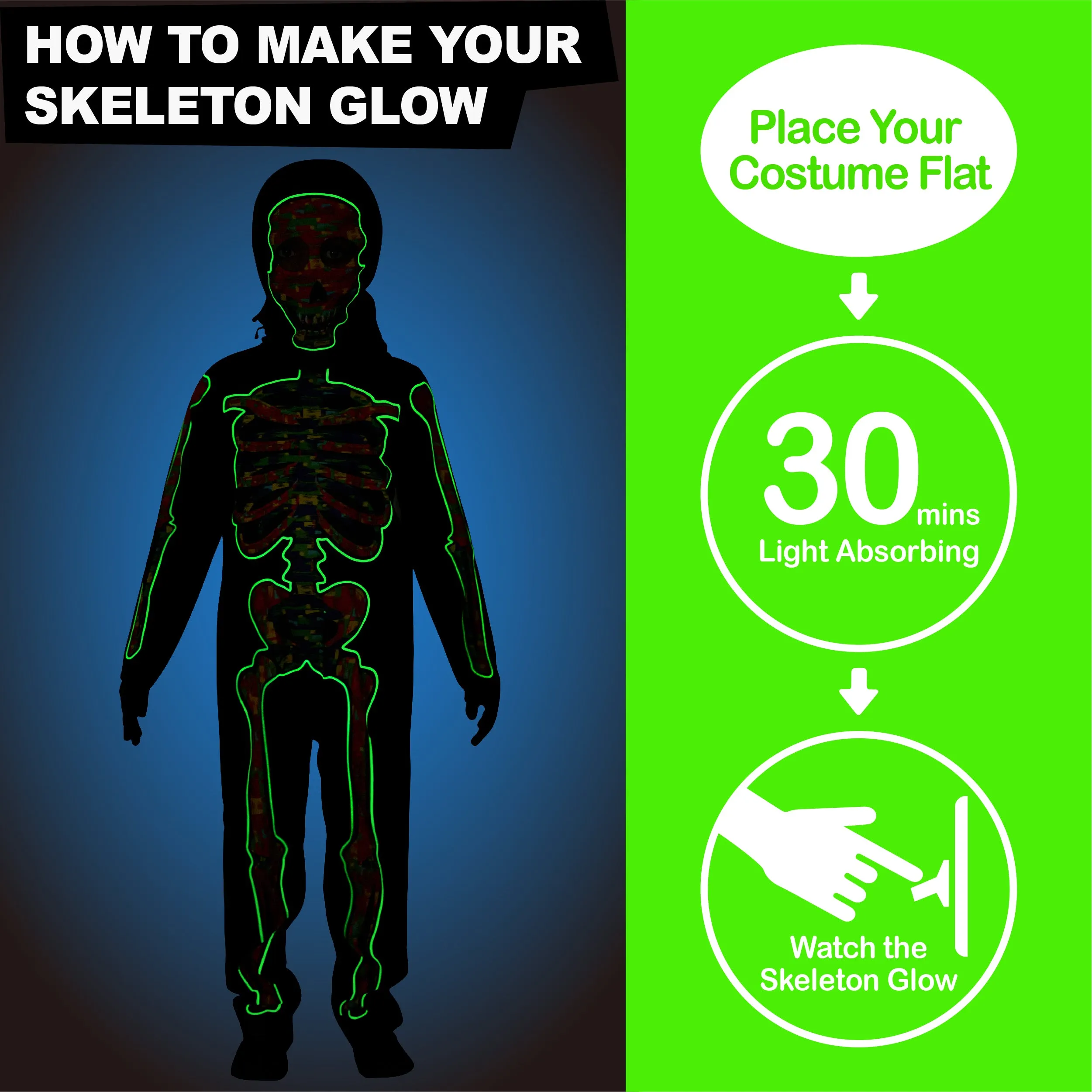 Kids Glow in the Dark Skeleton Jumpsuit Mask Set Halloween Costume