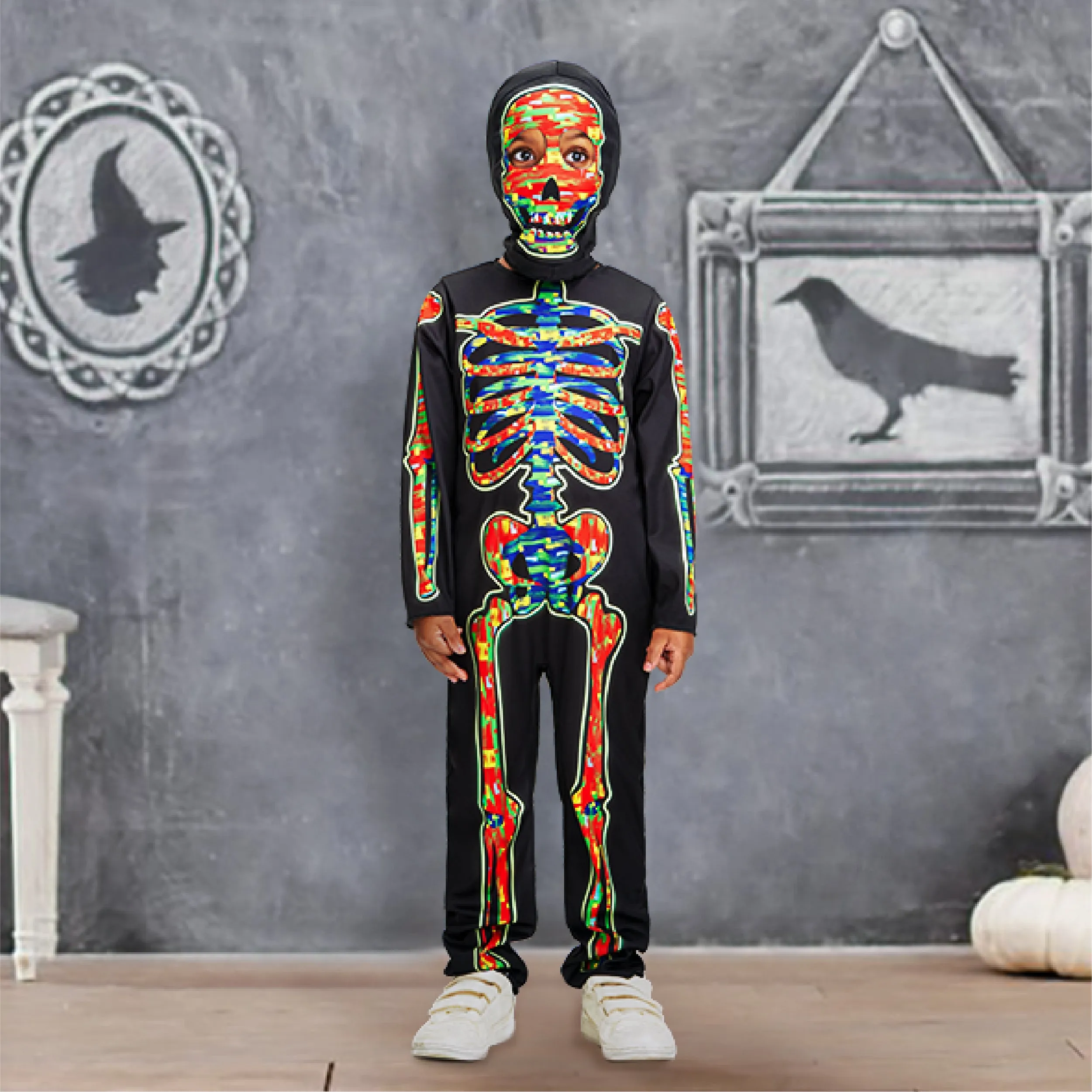 Kids Glow in the Dark Skeleton Jumpsuit Mask Set Halloween Costume