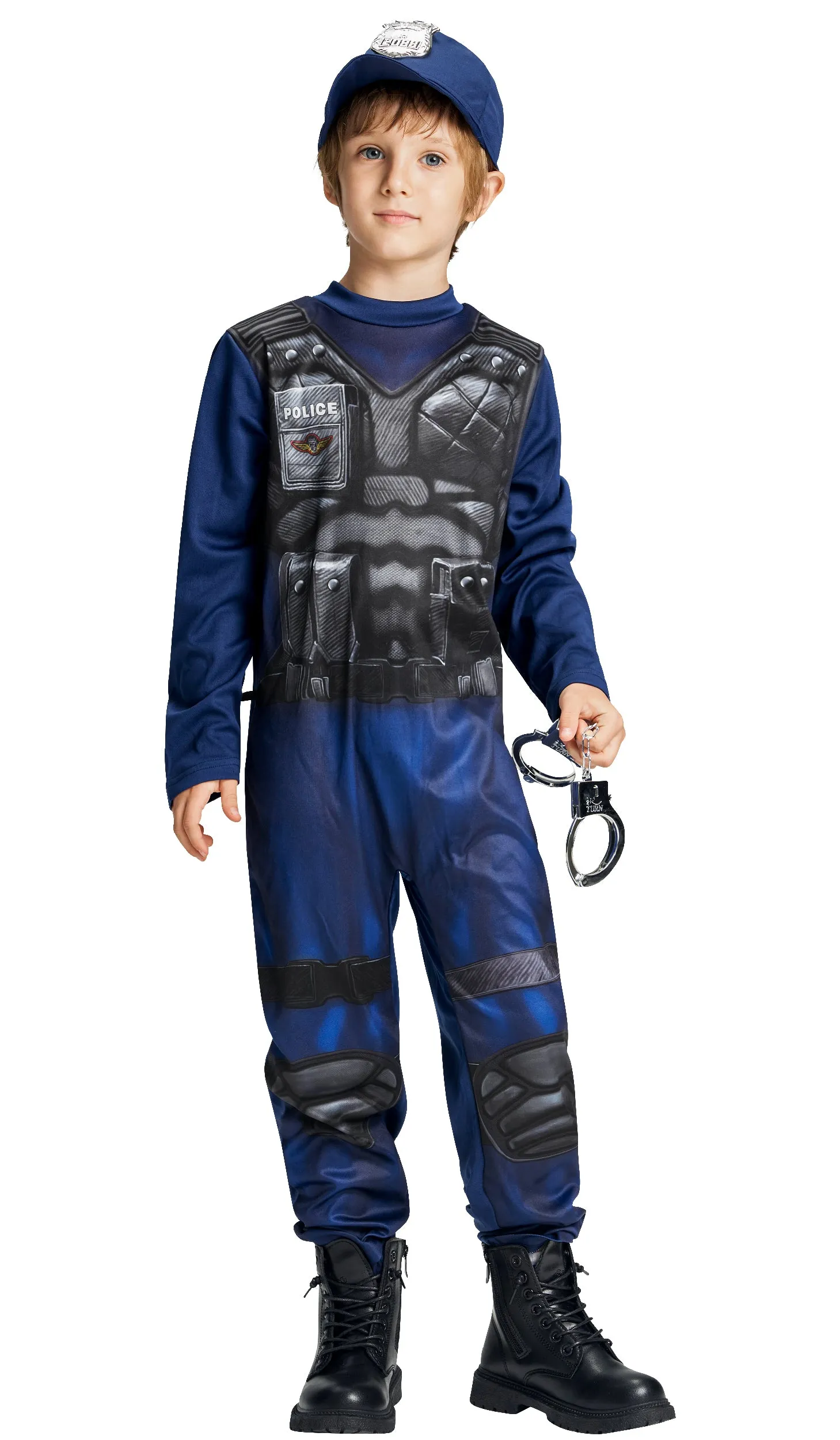Kids Policeman Jumpsuit Handcuffs Hat Set Halloween Costume