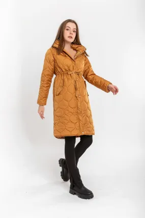 KKT Quilted Fabric Long Sleeve Zip Neck Midi Women Coat - Mustard - Bassano del Grappa