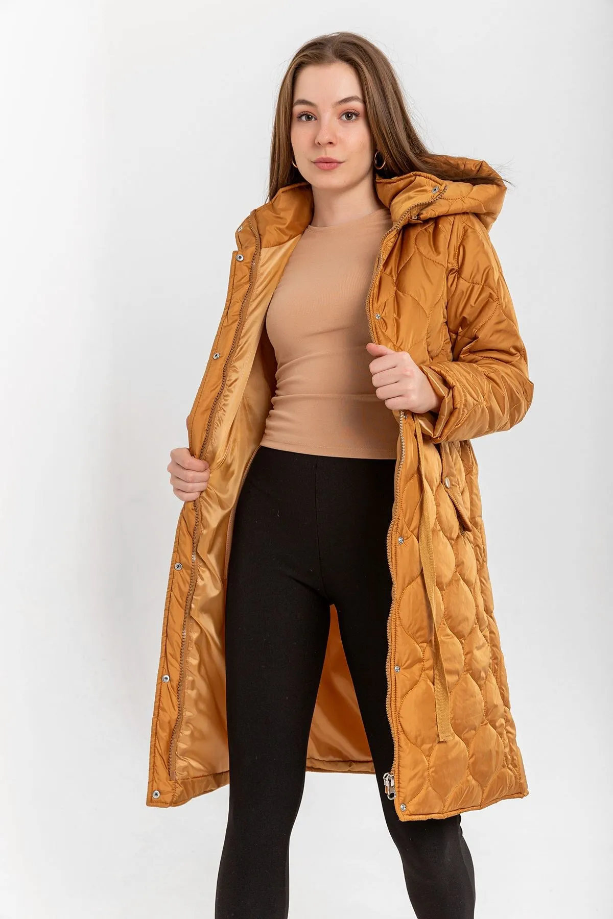 KKT Quilted Fabric Long Sleeve Zip Neck Midi Women Coat - Mustard - Bassano del Grappa