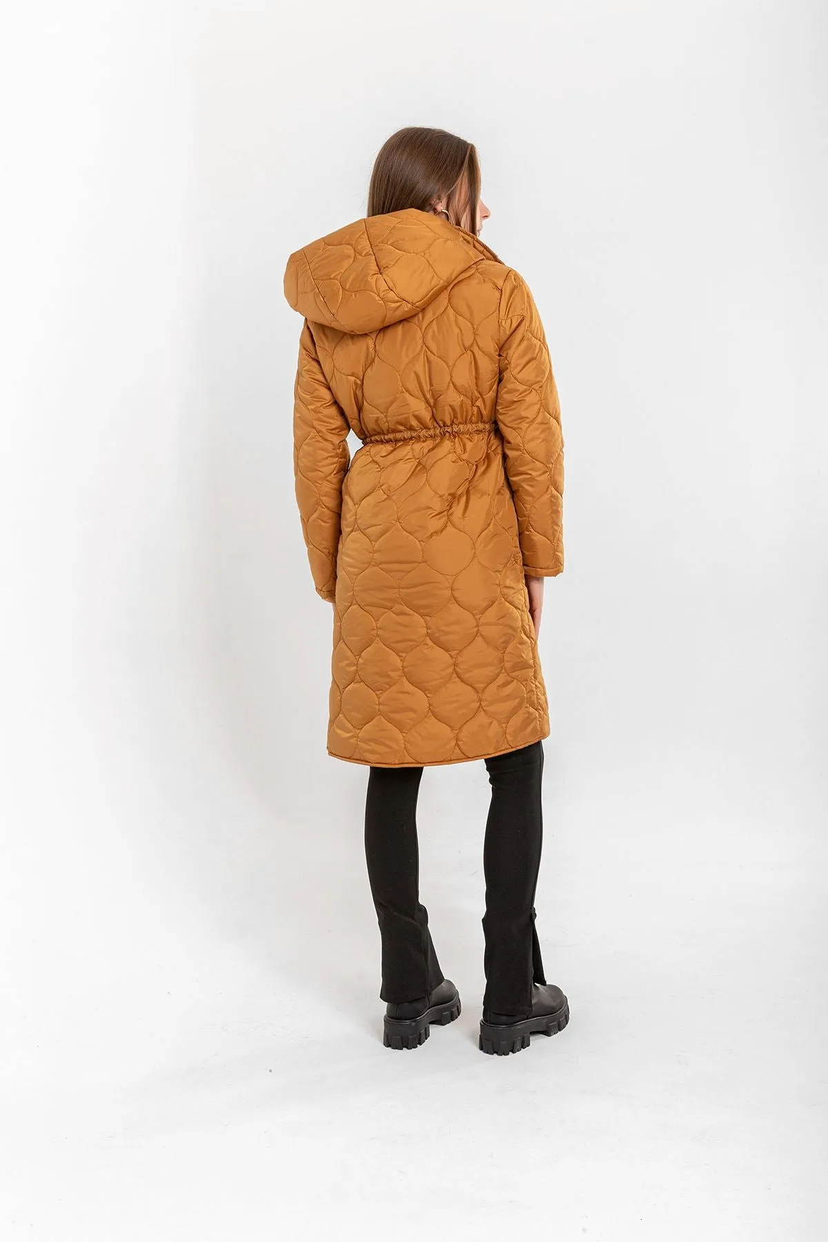 KKT Quilted Fabric Long Sleeve Zip Neck Midi Women Coat - Mustard - Bassano del Grappa