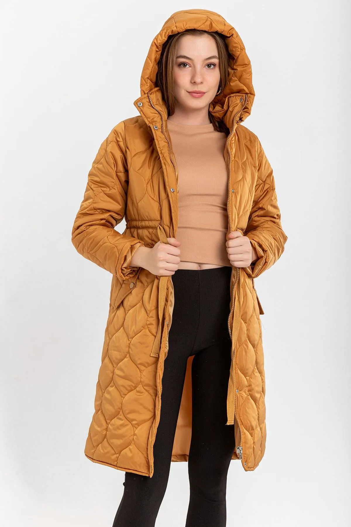 KKT Quilted Fabric Long Sleeve Zip Neck Midi Women Coat - Mustard - Bassano del Grappa