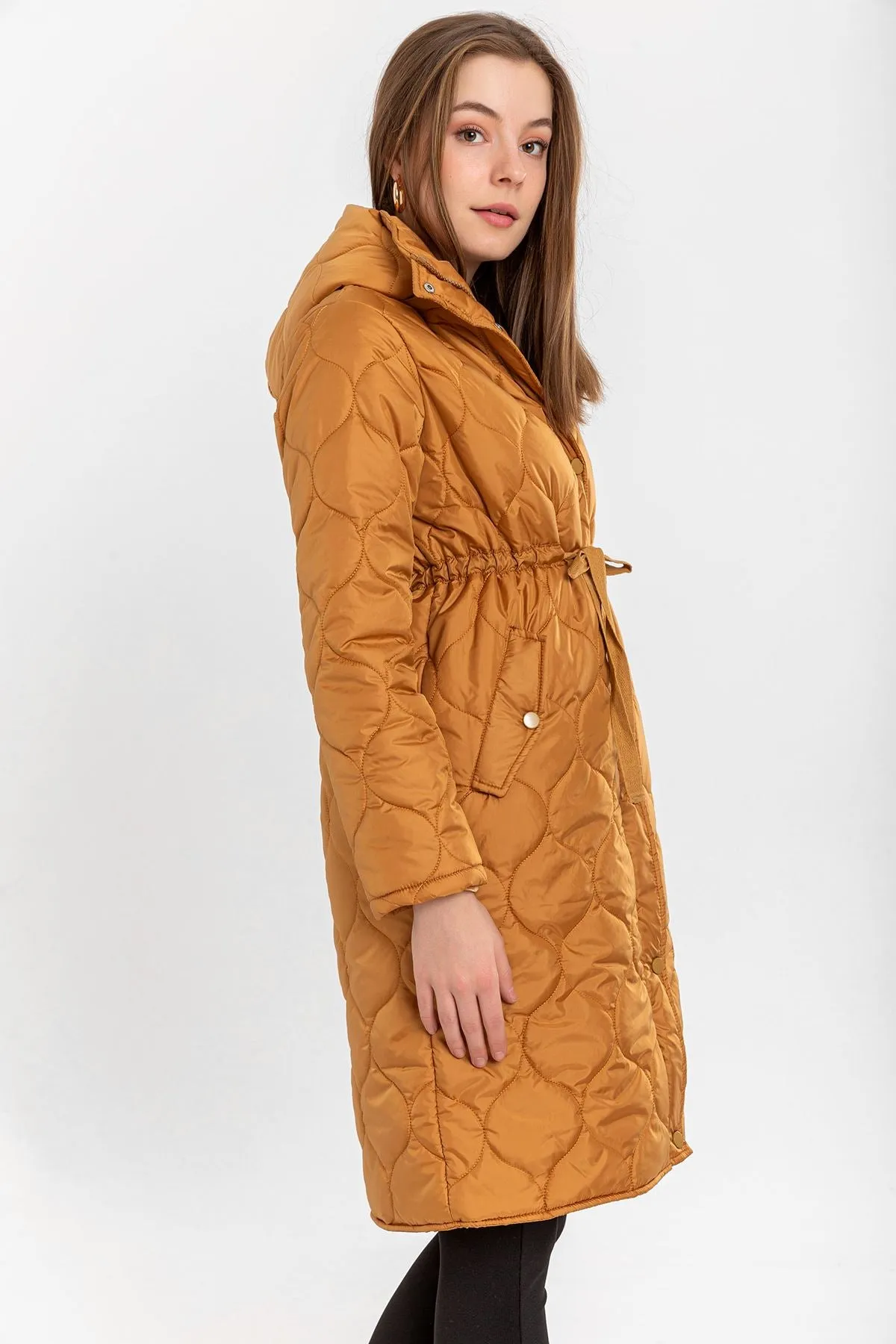 KKT Quilted Fabric Long Sleeve Zip Neck Midi Women Coat - Mustard - Bassano del Grappa