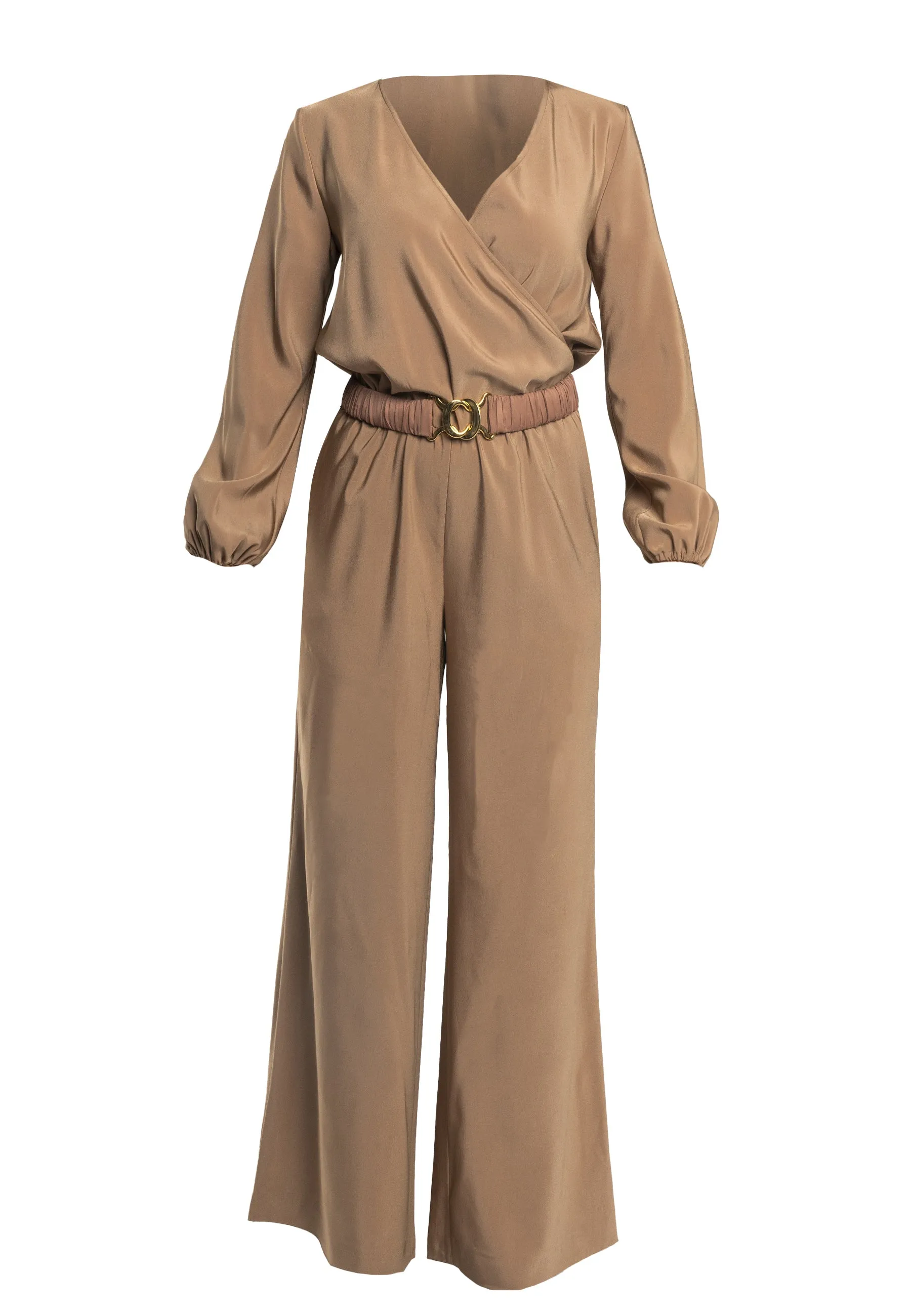 Lara's Jumpsuit Beige - Elegant V-Neck Wide-Leg Jumpsuit with handmade matching Belt and Long Sleeves
