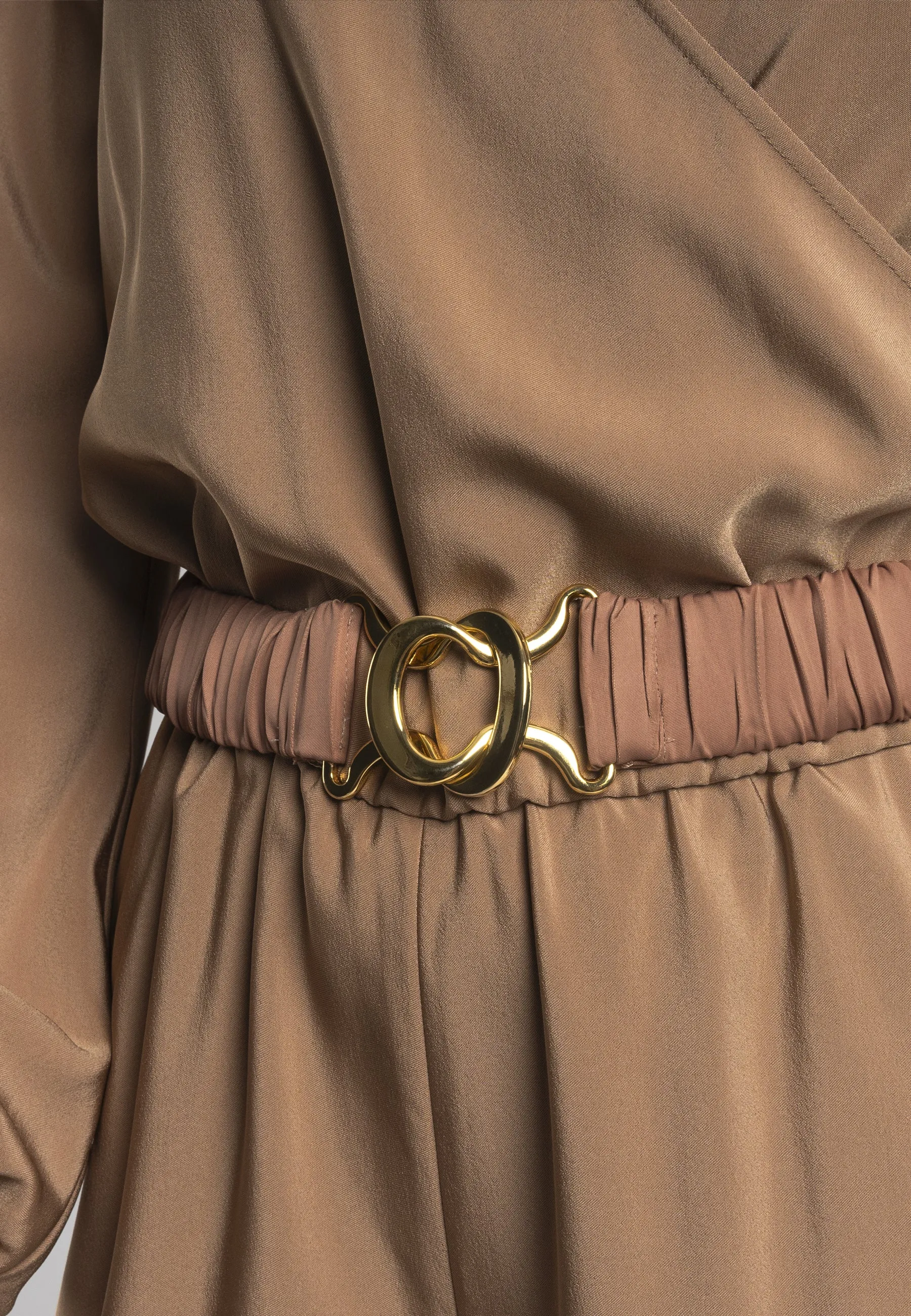 Lara's Jumpsuit Beige - Elegant V-Neck Wide-Leg Jumpsuit with handmade matching Belt and Long Sleeves