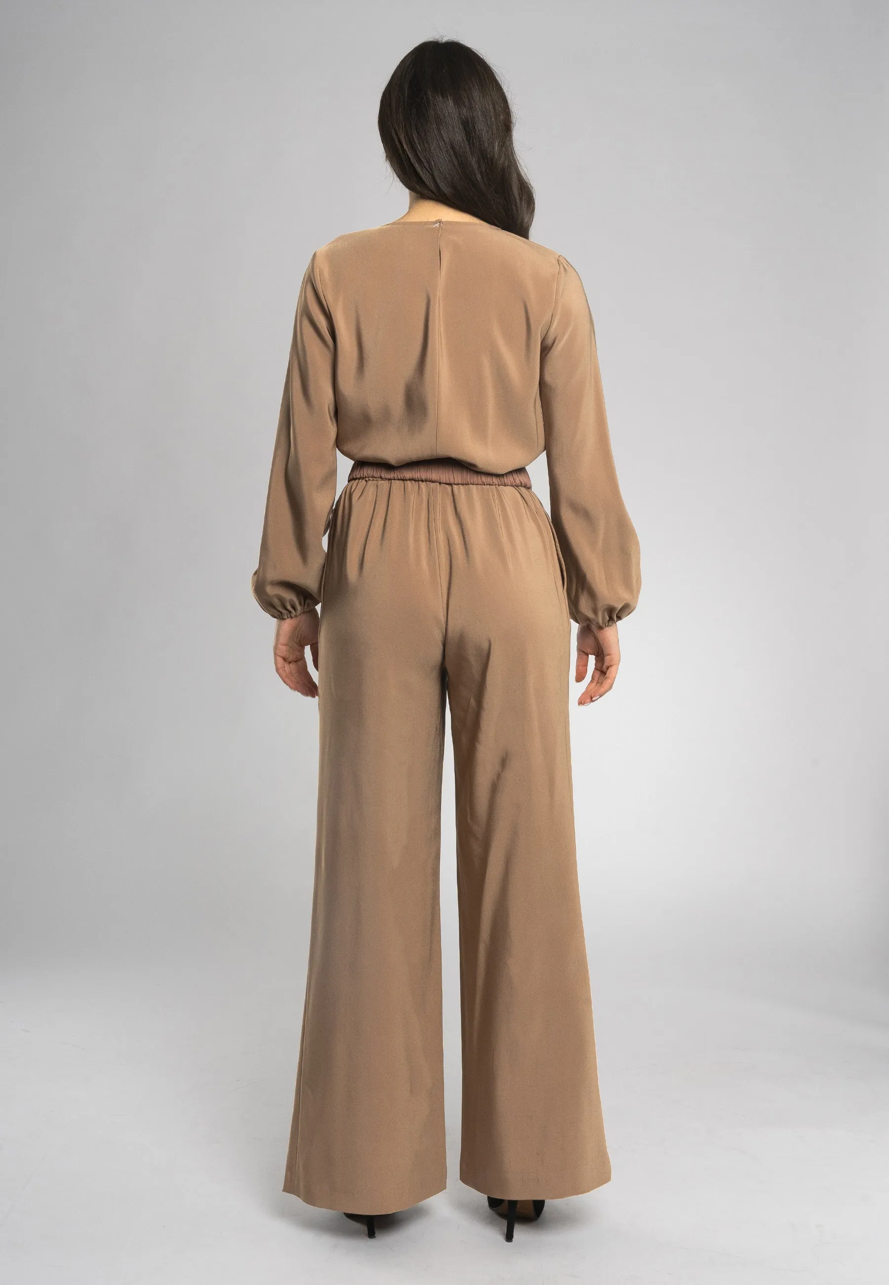 Lara's Jumpsuit Beige - Elegant V-Neck Wide-Leg Jumpsuit with handmade matching Belt and Long Sleeves