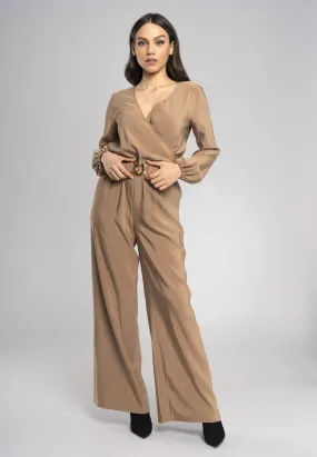 Lara's Jumpsuit Beige - Elegant V-Neck Wide-Leg Jumpsuit with handmade matching Belt and Long Sleeves