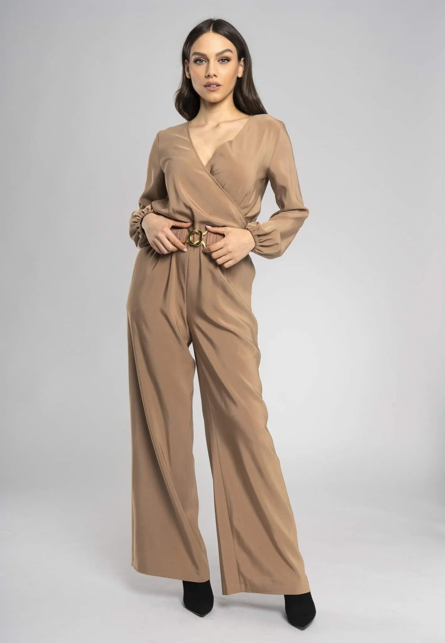 Lara's Jumpsuit Beige - Elegant V-Neck Wide-Leg Jumpsuit with handmade matching Belt and Long Sleeves