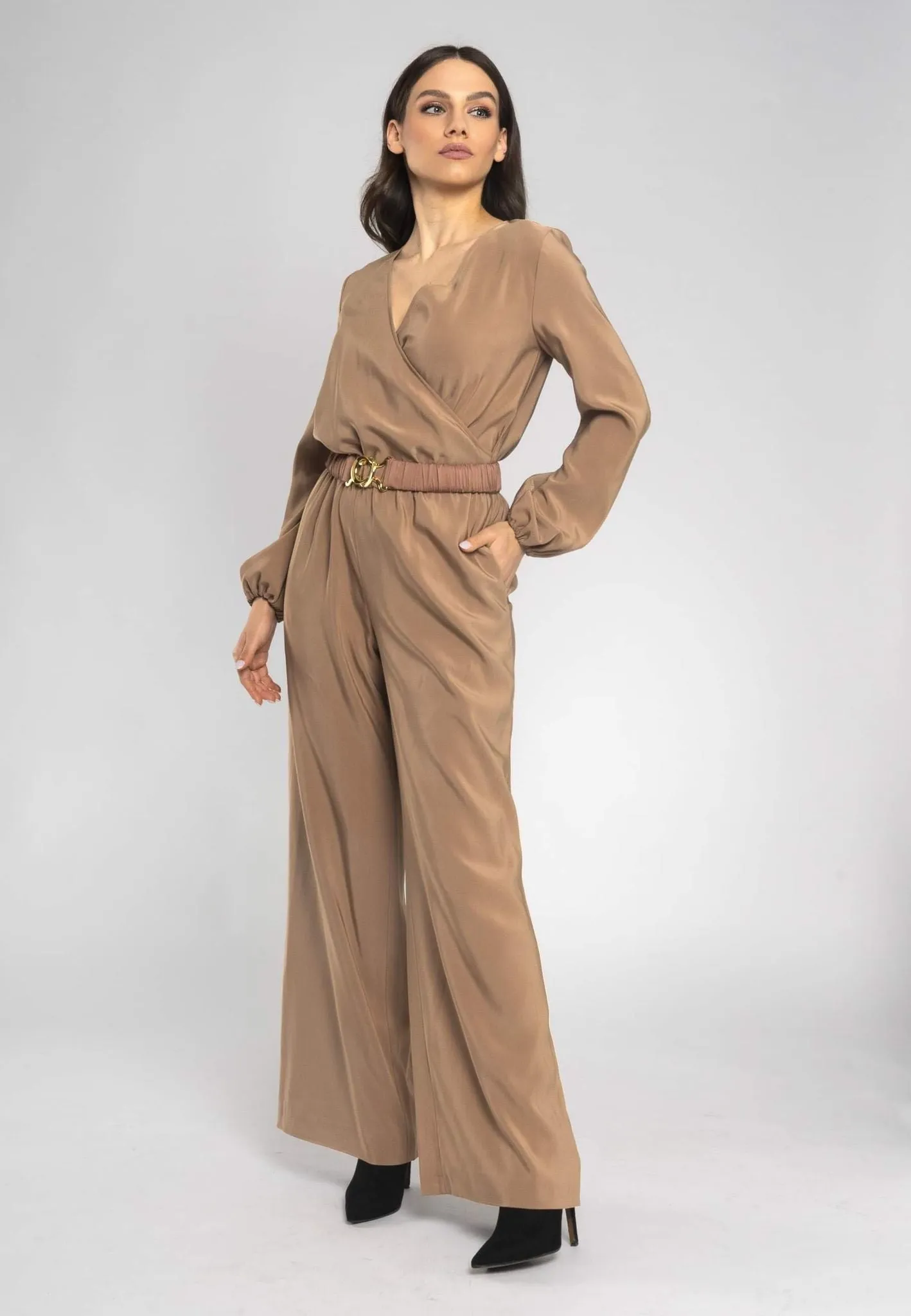 Lara's Jumpsuit Beige - Elegant V-Neck Wide-Leg Jumpsuit with handmade matching Belt and Long Sleeves