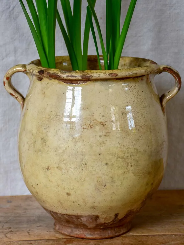 Large antique French confit pot with beige crackled glaze 9¾"