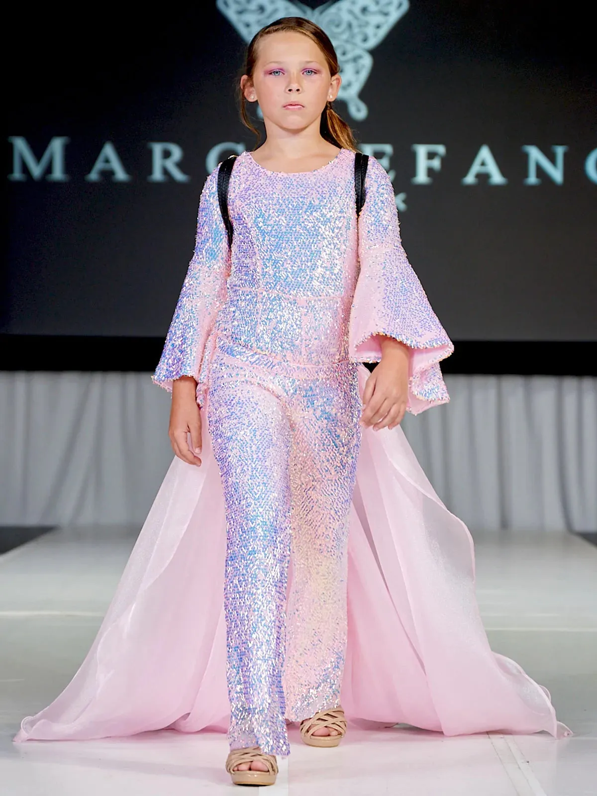 Marc Defang 8004k Kids Size 6 Iridescent Purple Jumpsuit Sequin Bell Sleeve Pageant Overskirt Fun Fashion