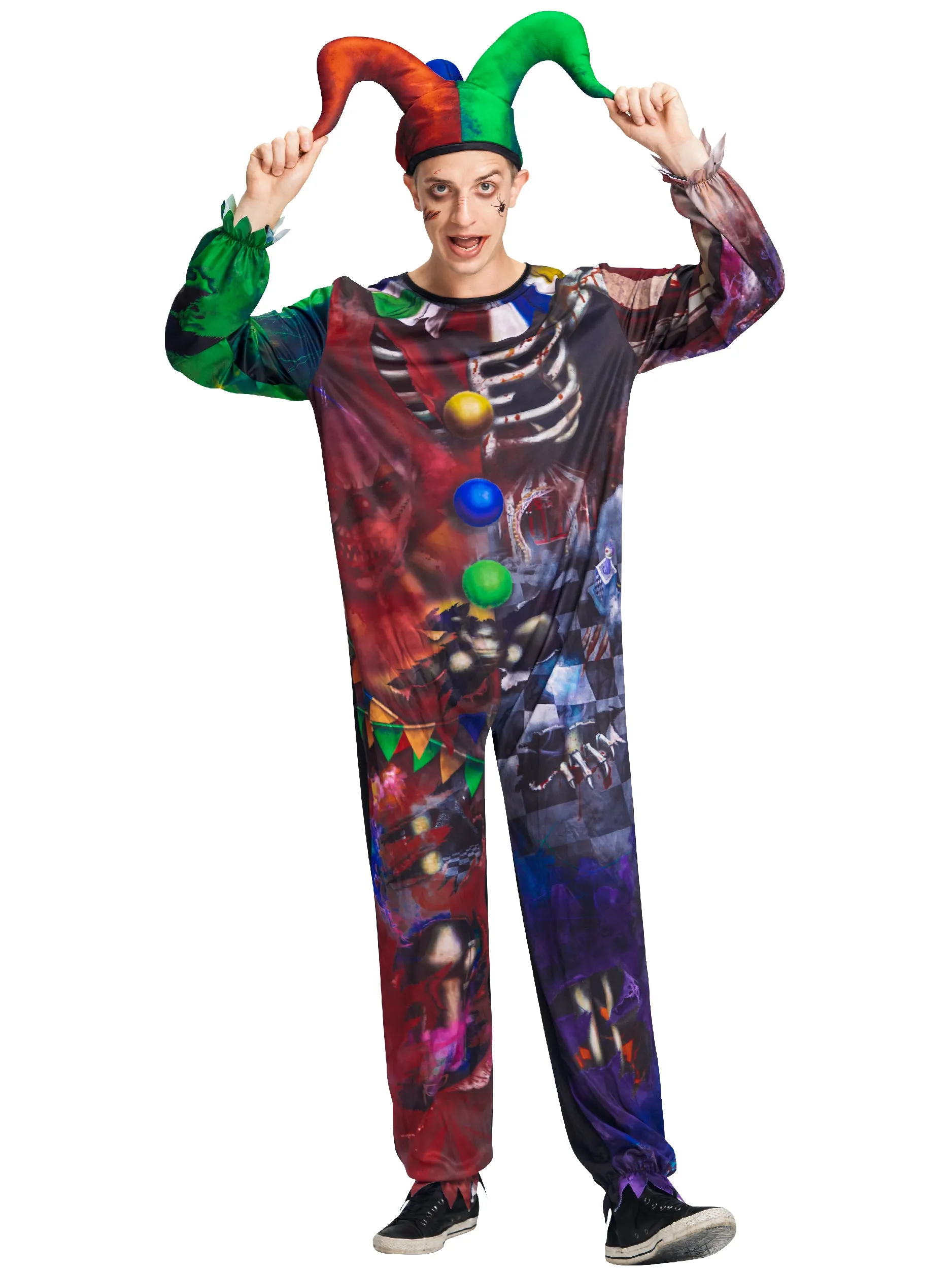 Men Skeleton Clown Jumpsuit Hat Set Halloween Costume