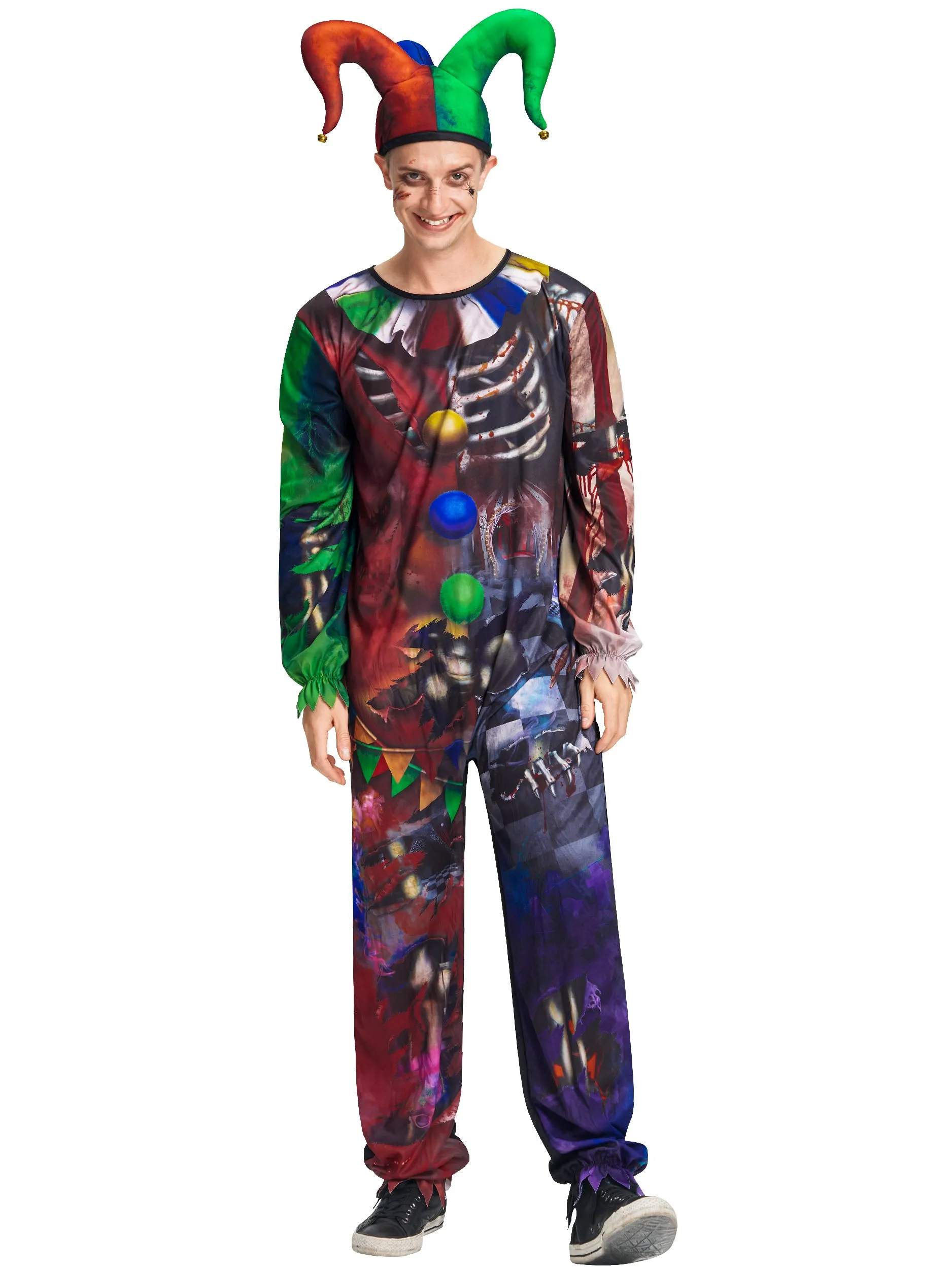 Men Skeleton Clown Jumpsuit Hat Set Halloween Costume