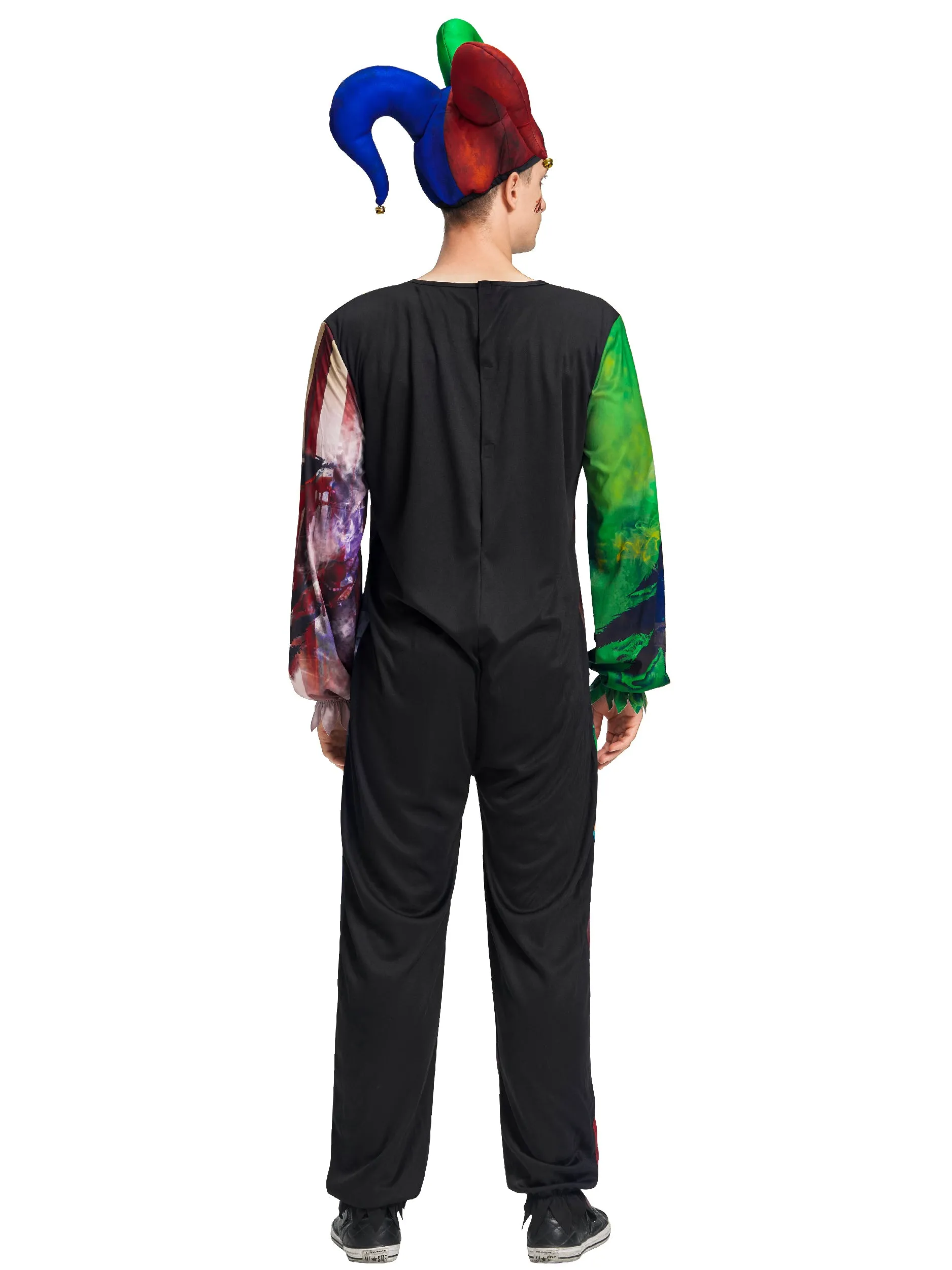 Men Skeleton Clown Jumpsuit Hat Set Halloween Costume