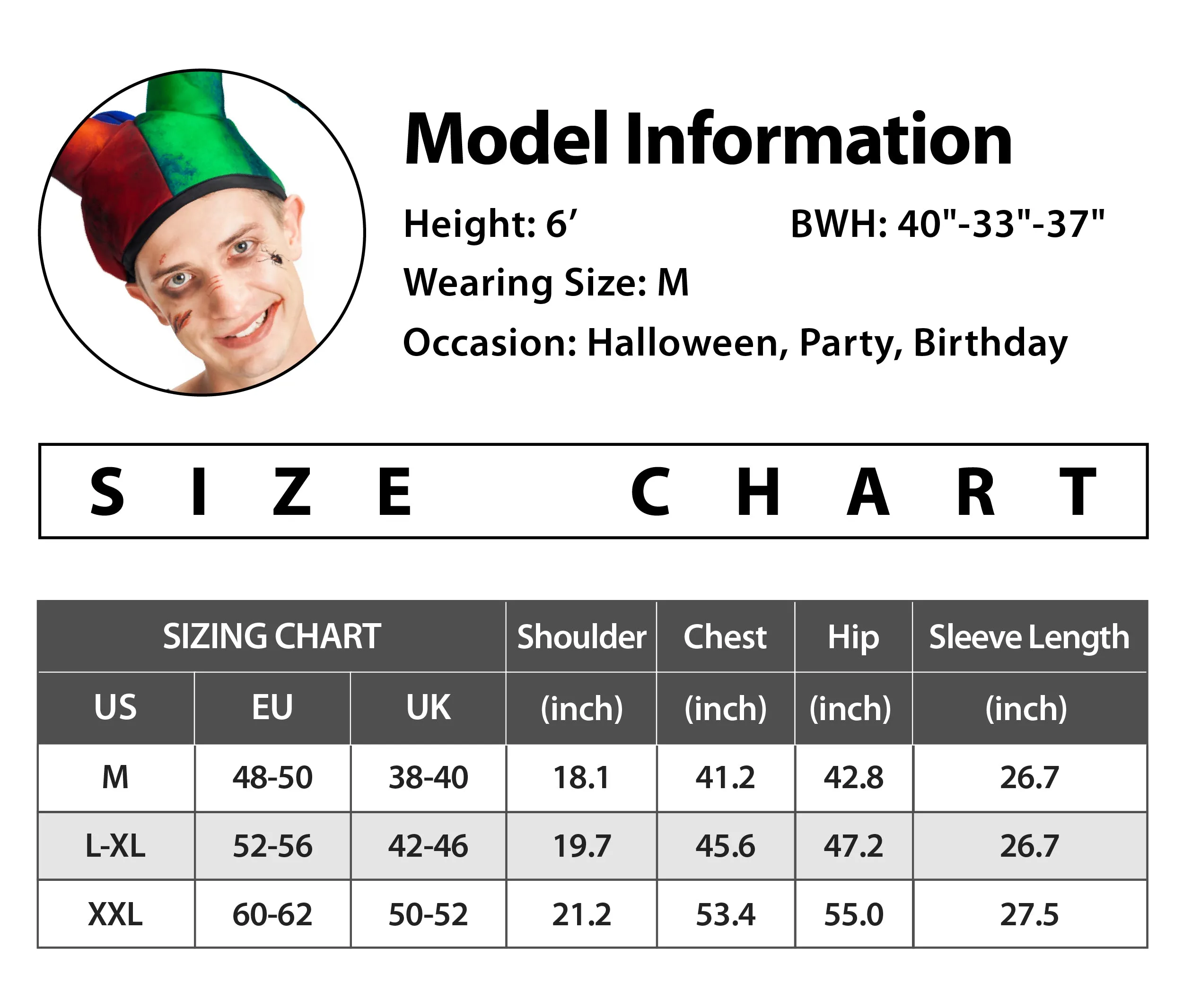 Men Skeleton Clown Jumpsuit Hat Set Halloween Costume