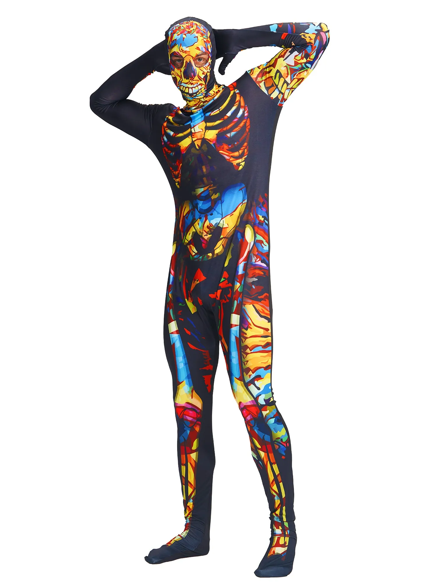 Men Skeleton Jumpsuit Hooded Mask Set Halloween Costume