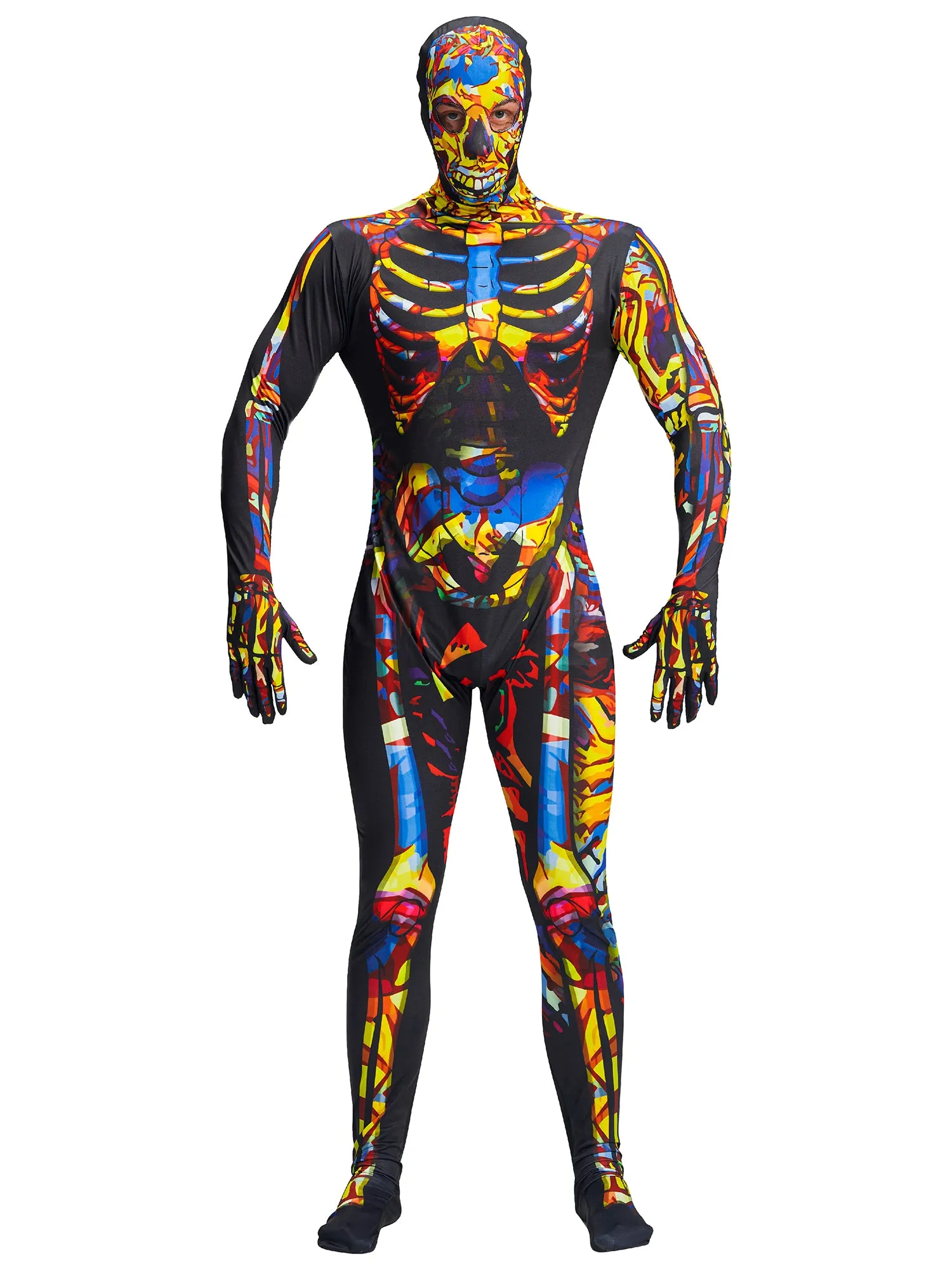 Men Skeleton Jumpsuit Hooded Mask Set Halloween Costume