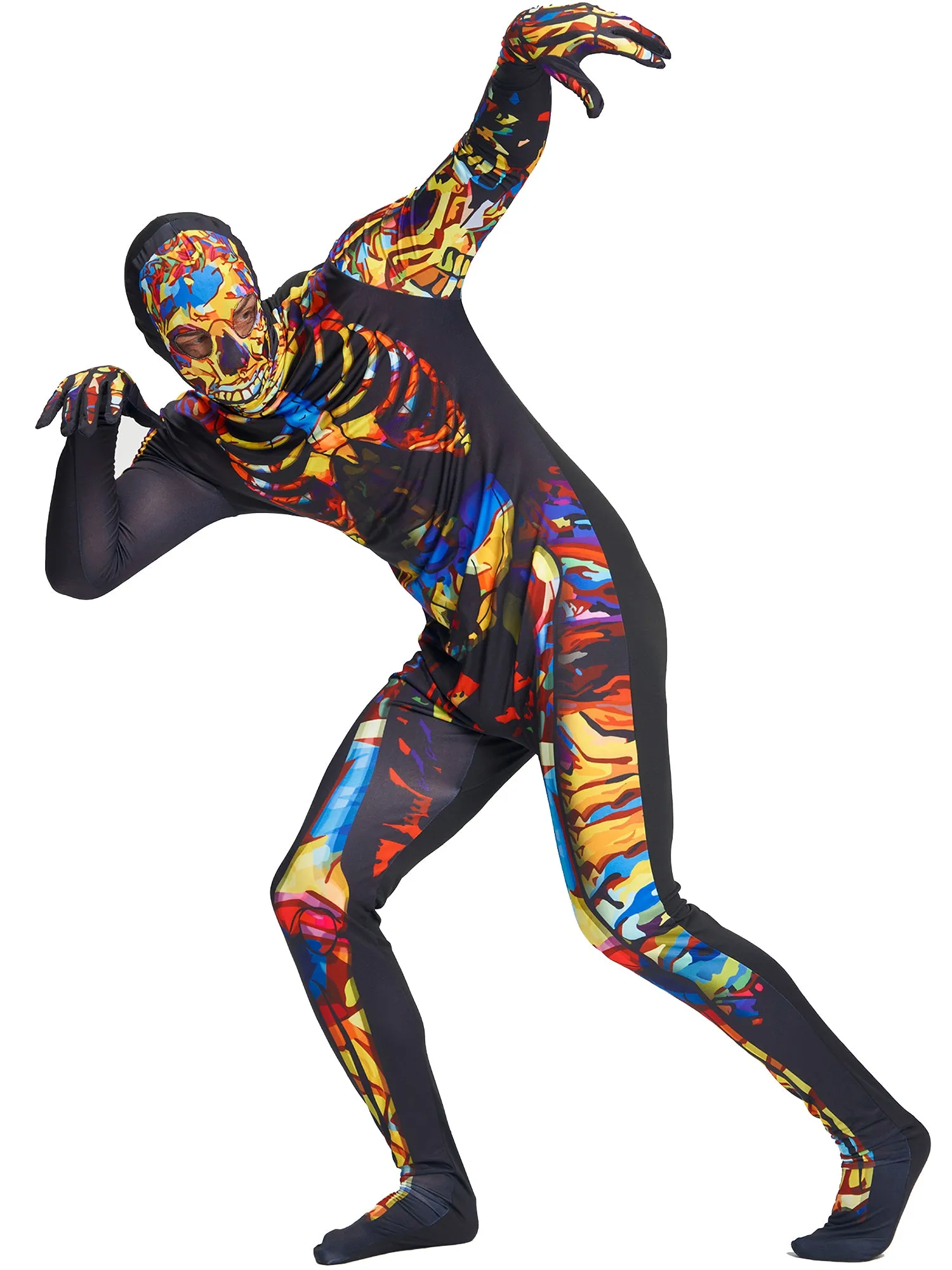 Men Skeleton Jumpsuit Hooded Mask Set Halloween Costume