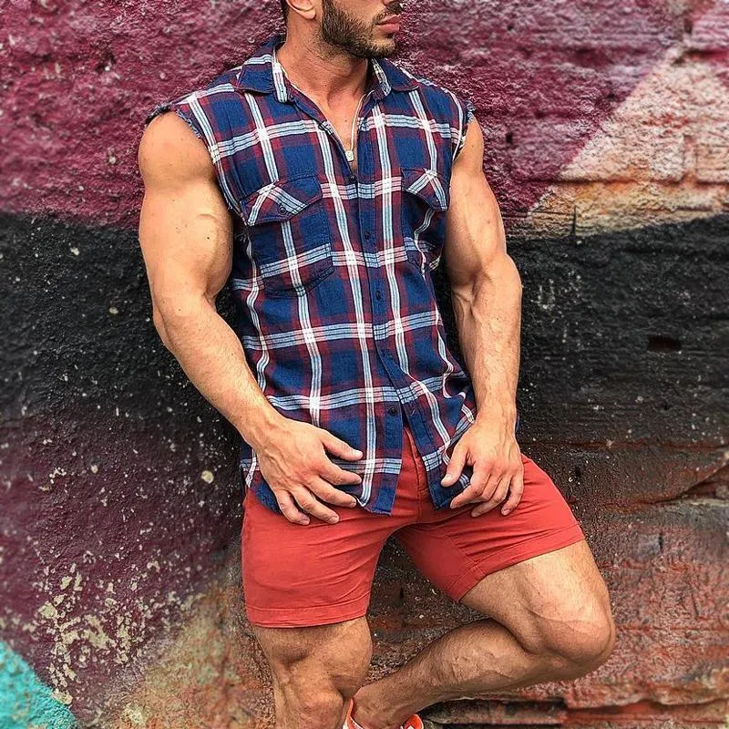 Men's Casual Fashion Plaid Printed Sleeveless T-shirt