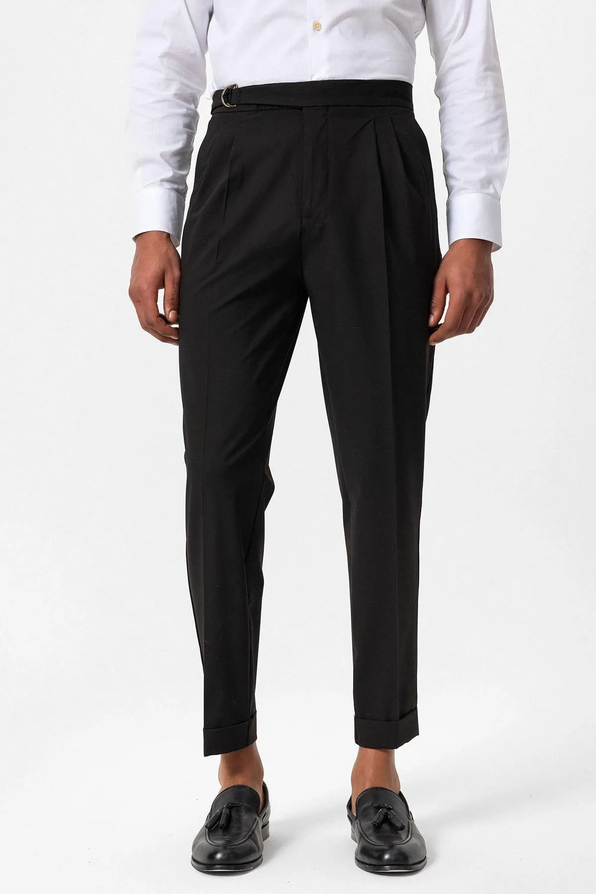 Men's Dark Brown High-Waist Buckle Closure Pleated Pants - Wessi