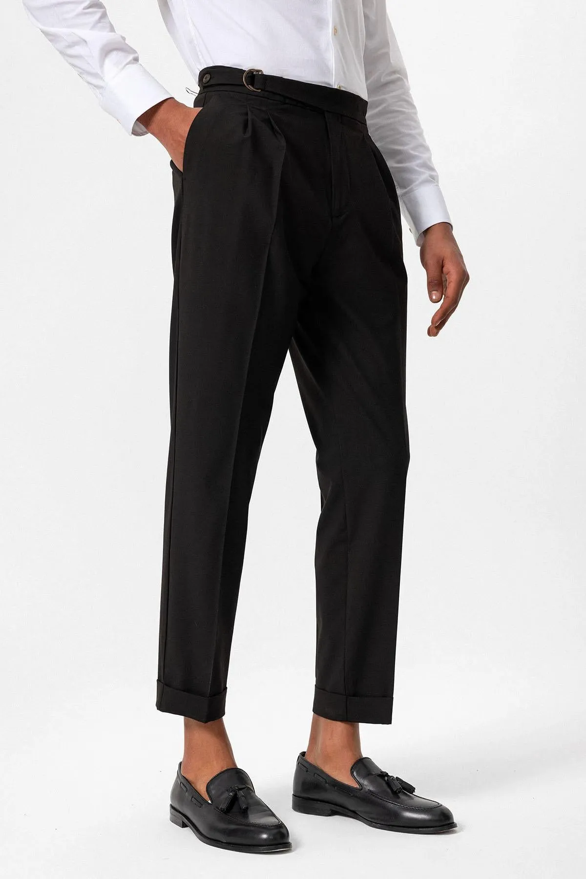 Men's Dark Brown High-Waist Buckle Closure Pleated Pants - Wessi