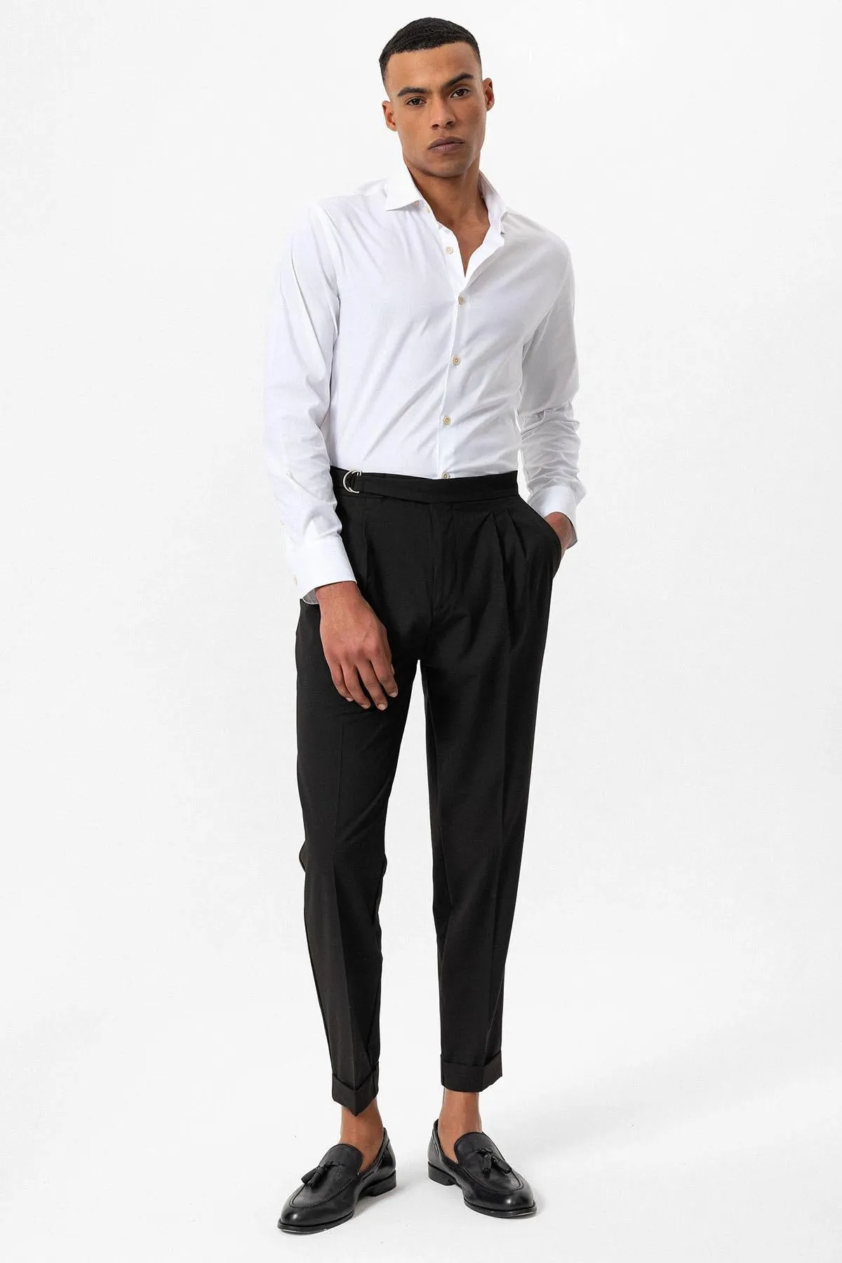Men's Dark Brown High-Waist Buckle Closure Pleated Pants - Wessi