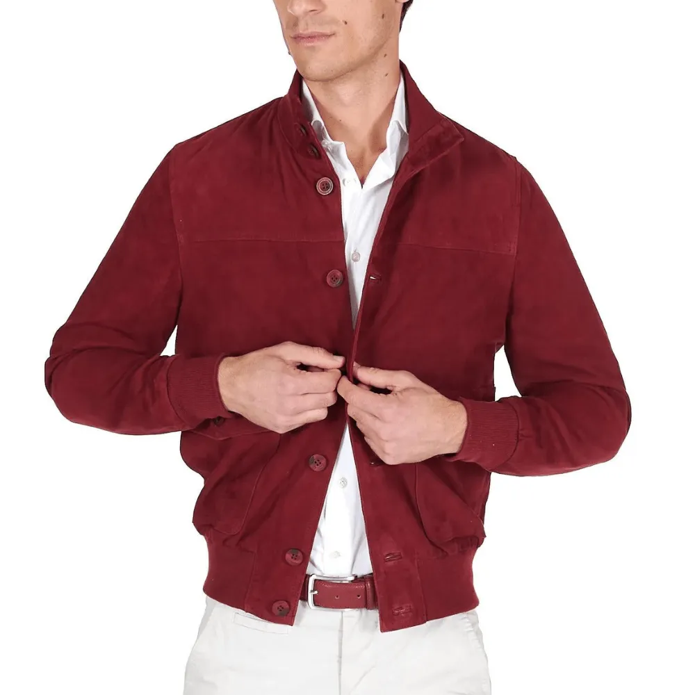 Men's High Neck Red Suede Leather Bomber Jacket