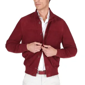 Men's High Neck Red Suede Leather Bomber Jacket