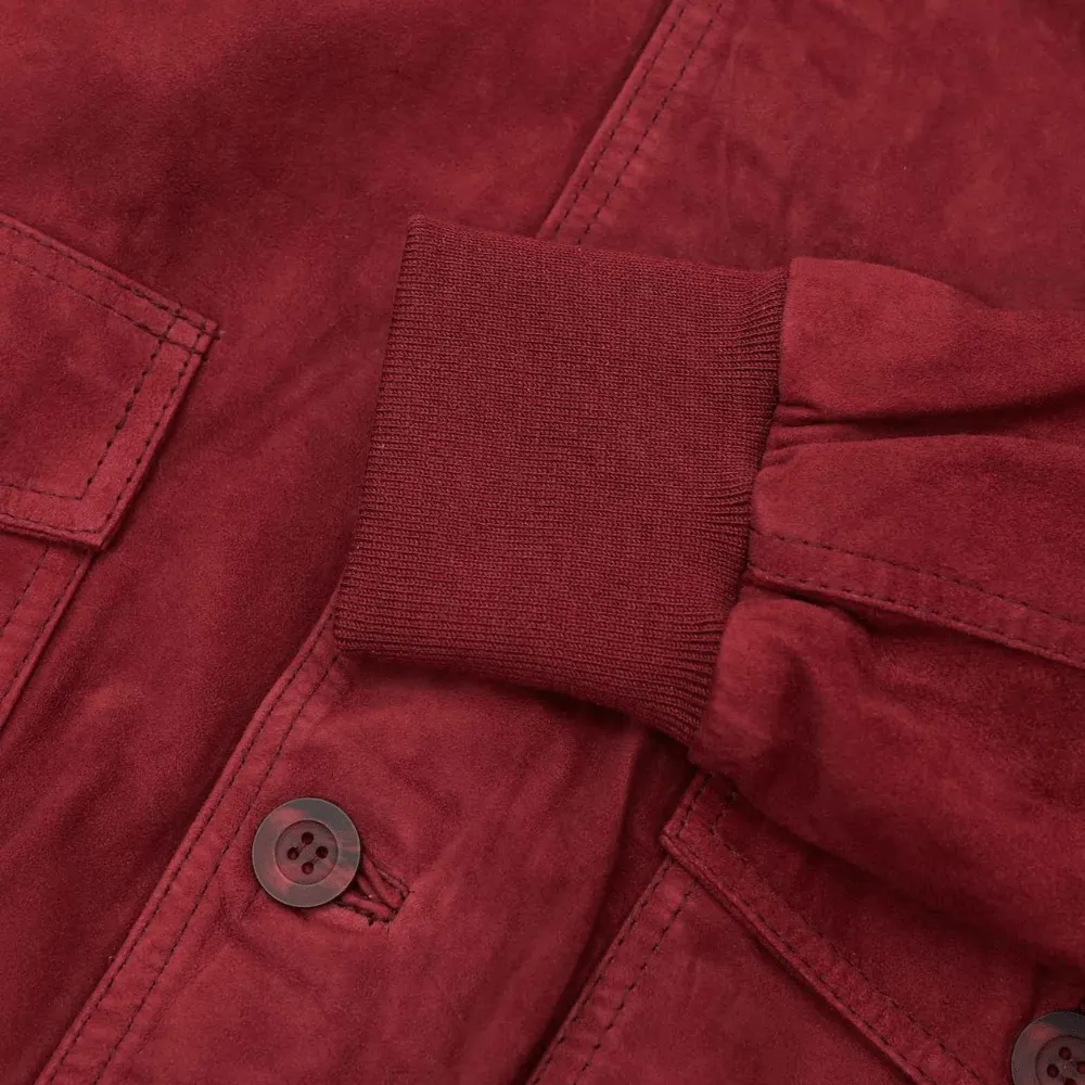 Men's High Neck Red Suede Leather Bomber Jacket