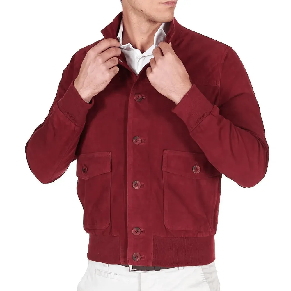 Men's High Neck Red Suede Leather Bomber Jacket