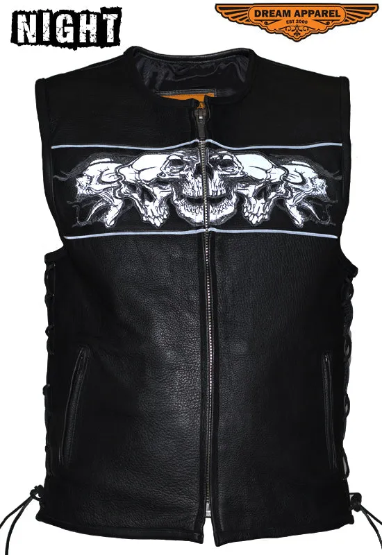 Mens Leather Vest With Reflective Skulls & Gun Pockets