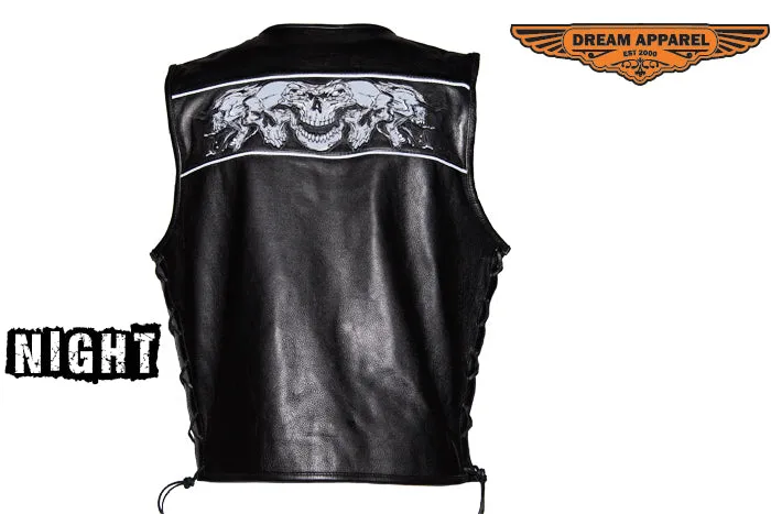 Mens Leather Vest With Reflective Skulls & Gun Pockets