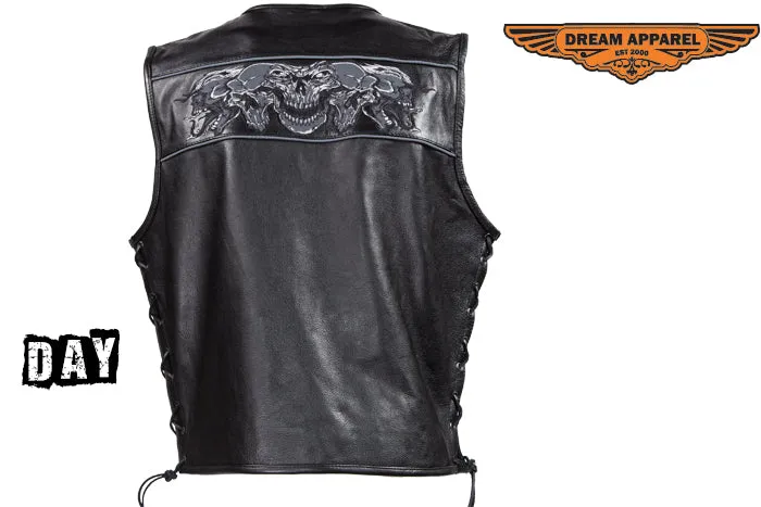 Mens Leather Vest With Reflective Skulls & Gun Pockets