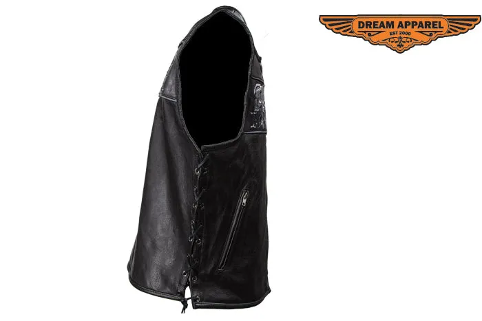 Mens Leather Vest With Reflective Skulls & Gun Pockets